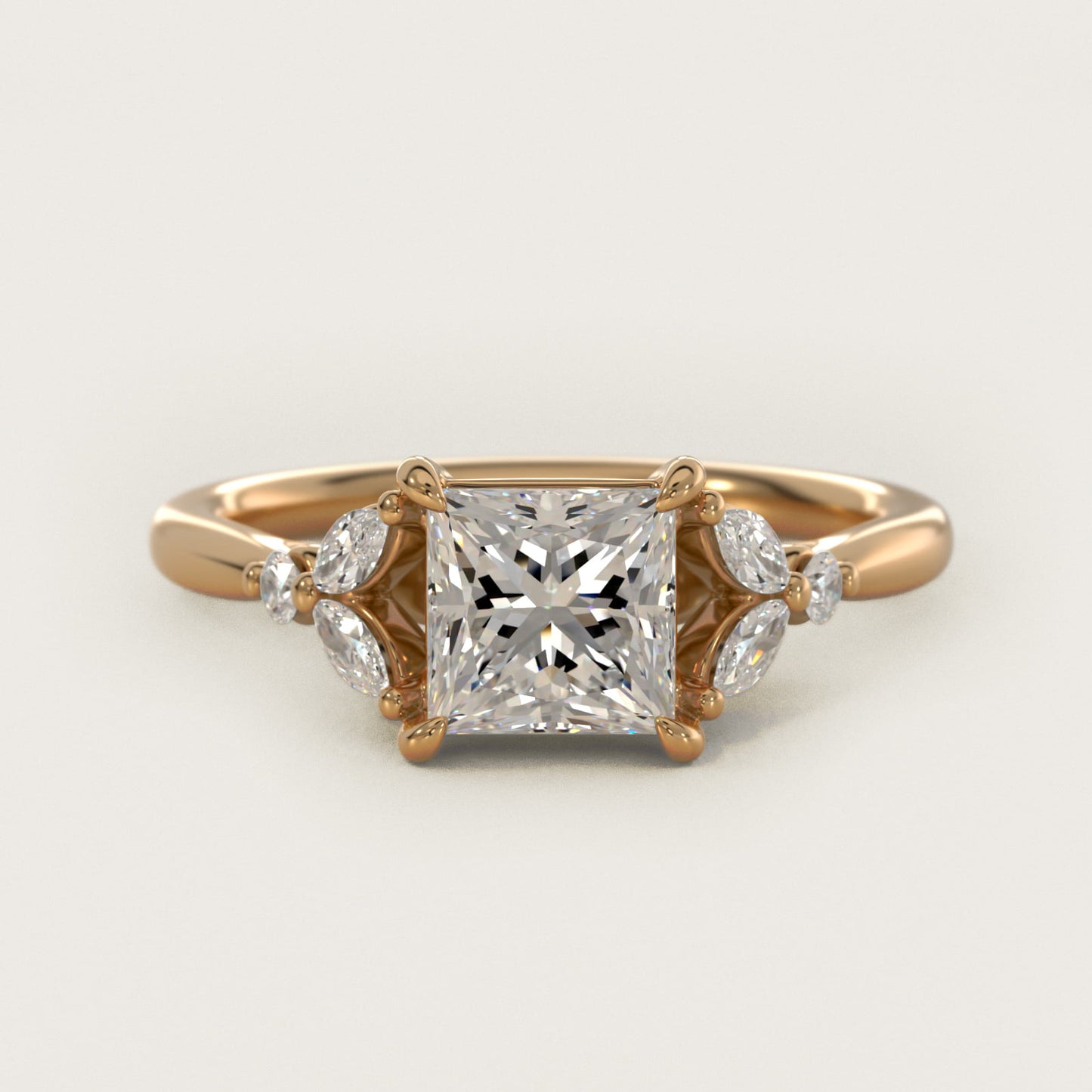 Floral Marquise Diamond Engagement Ring in 18k Yellow Gold - Princess Center