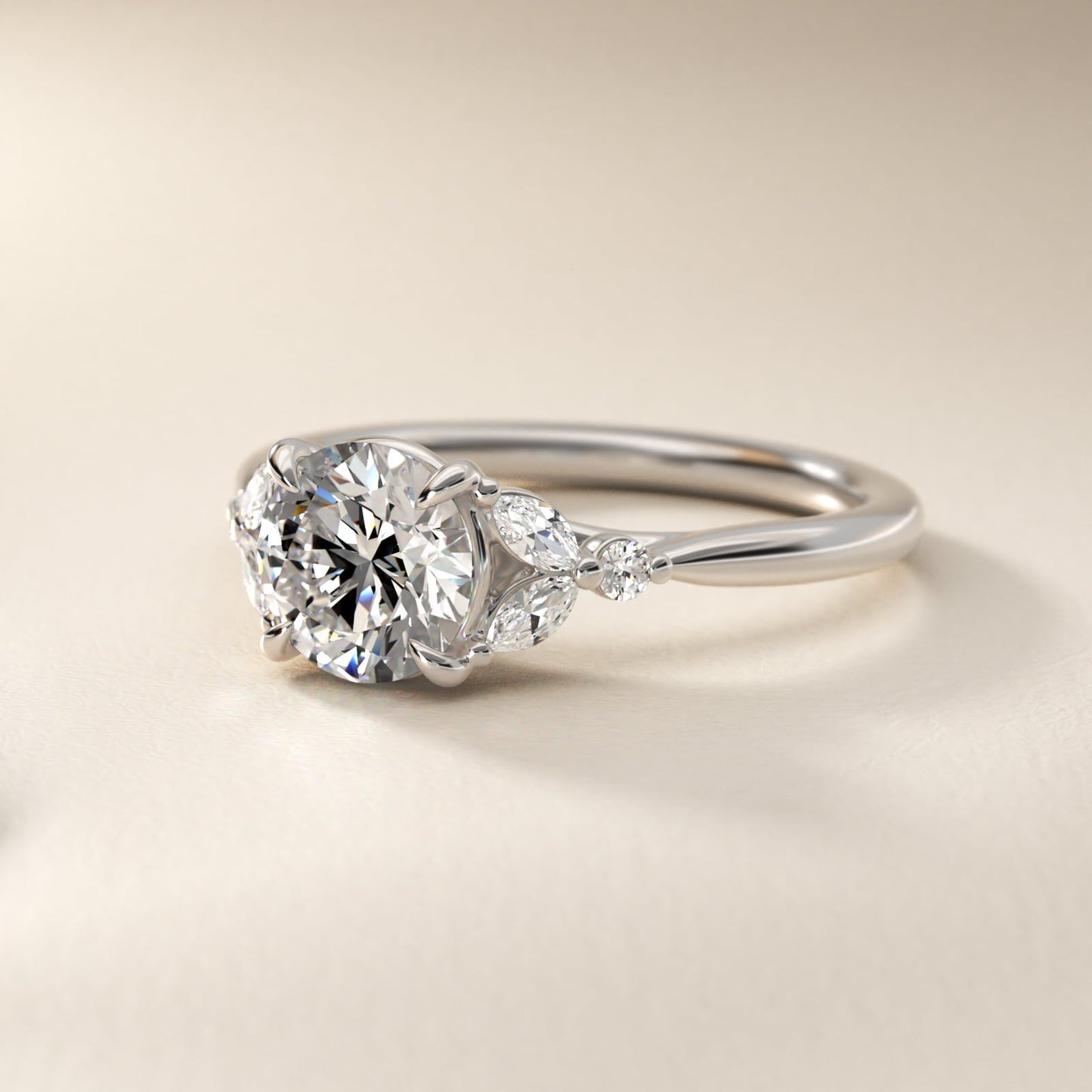 Floral Marquise Diamond Engagement Ring in 14k White Gold - Round Center