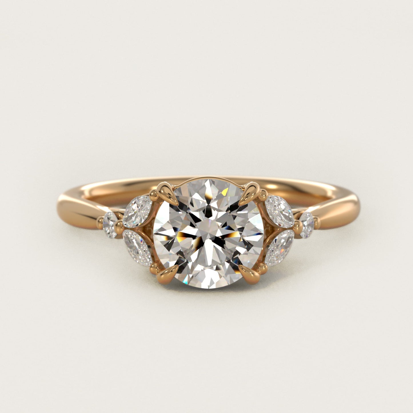 Floral Marquise Diamond Engagement Ring in 18k Yellow Gold - Round Center