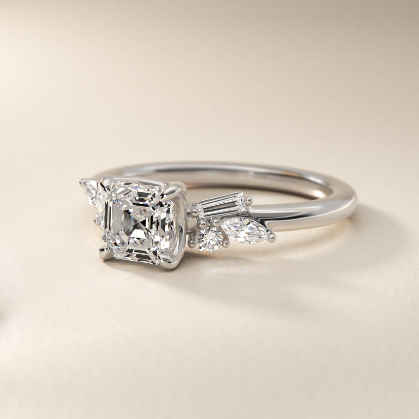 Floral Motif Diamond Accent Side Stone Engagement Ring In 18k White Gold By James Allen - Asscher Center