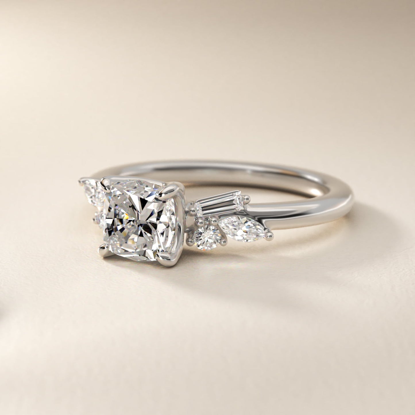 Floral Motif Diamond Accent Side Stone Engagement Ring In 18k White Gold By James Allen - Cushion Center