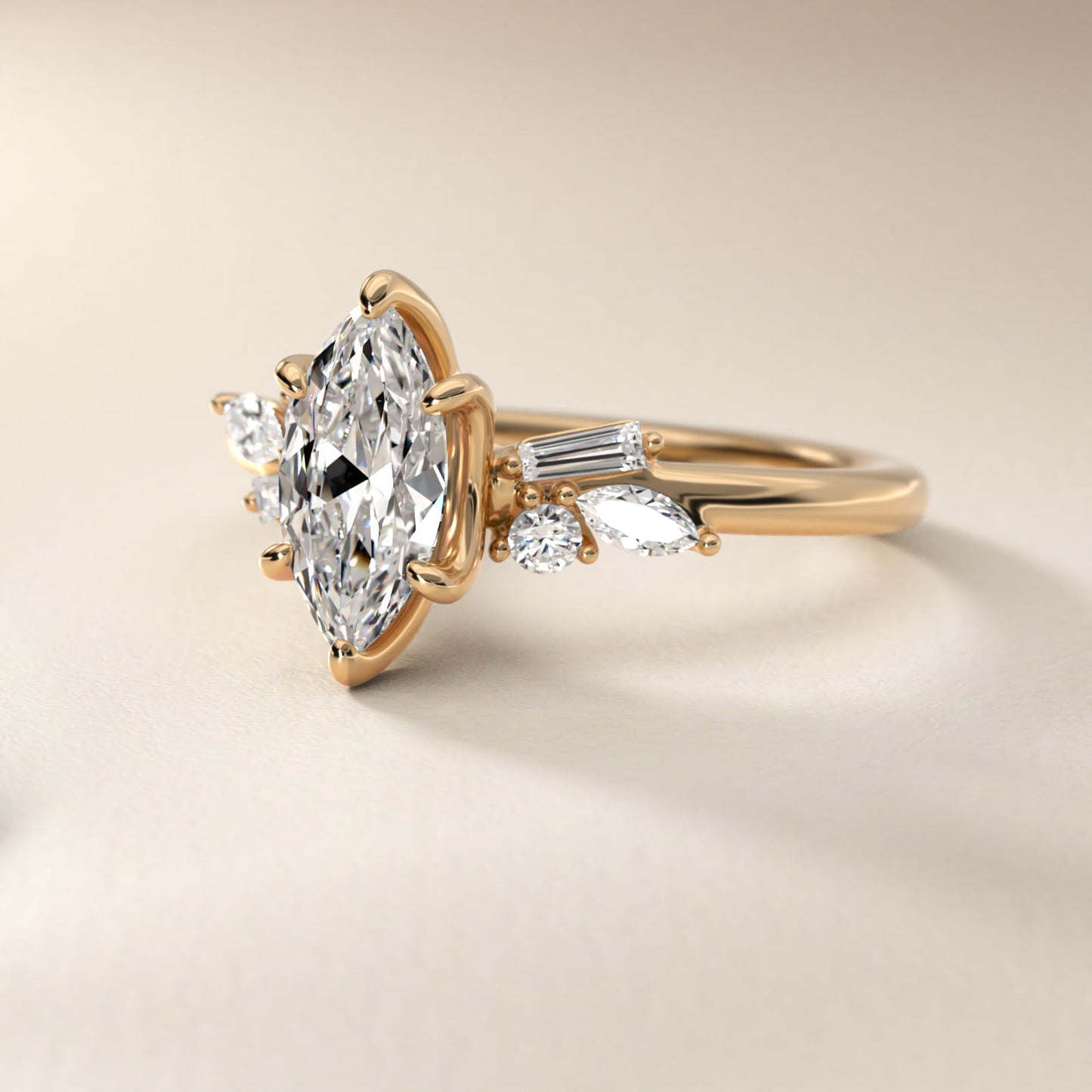 Floral Motif Diamond Accent Side Stone Engagement Ring In 18k Yellow Gold By James Allen - Marquise Center