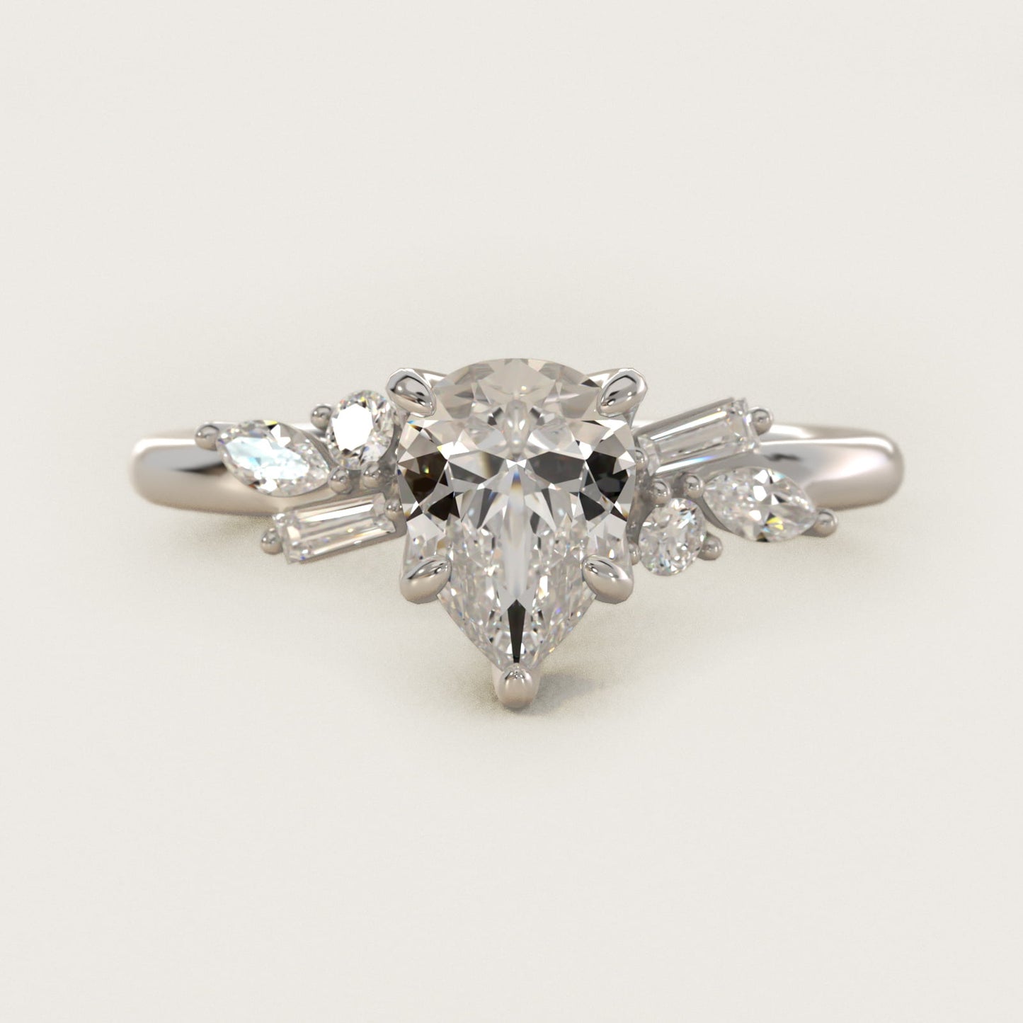Floral Motif Diamond Accent Side Stone Engagement Ring In Platinum By James Allen - Pear Center