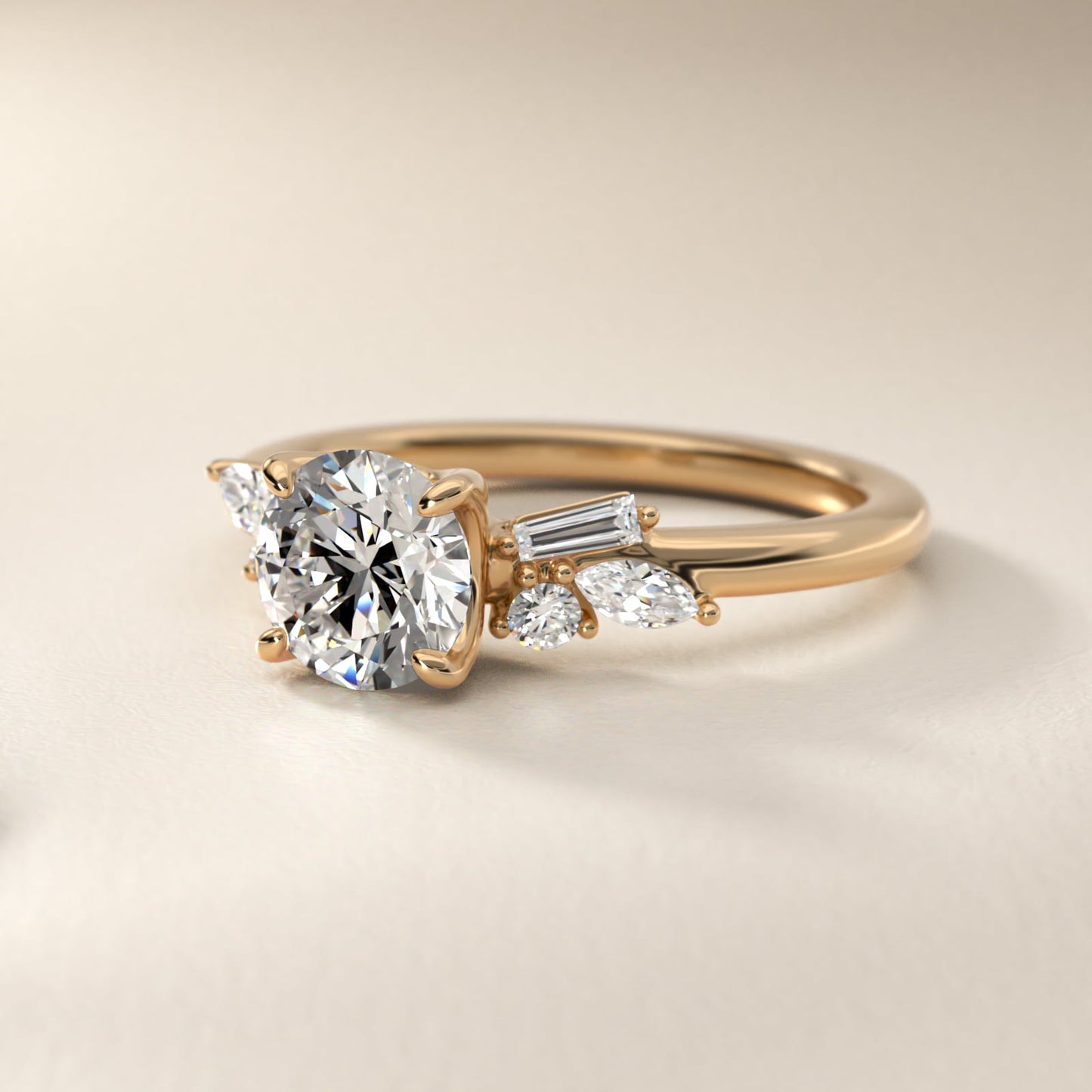 Floral Motif Diamond Accent Side Stone Engagement Ring In 14K Yellow Gold By James Allen - Round Center