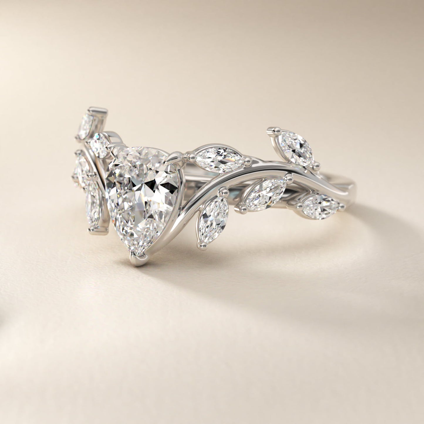 Floral Side Stone Diamond Engagement Ring In Platinum By James Allen - Pear Center
