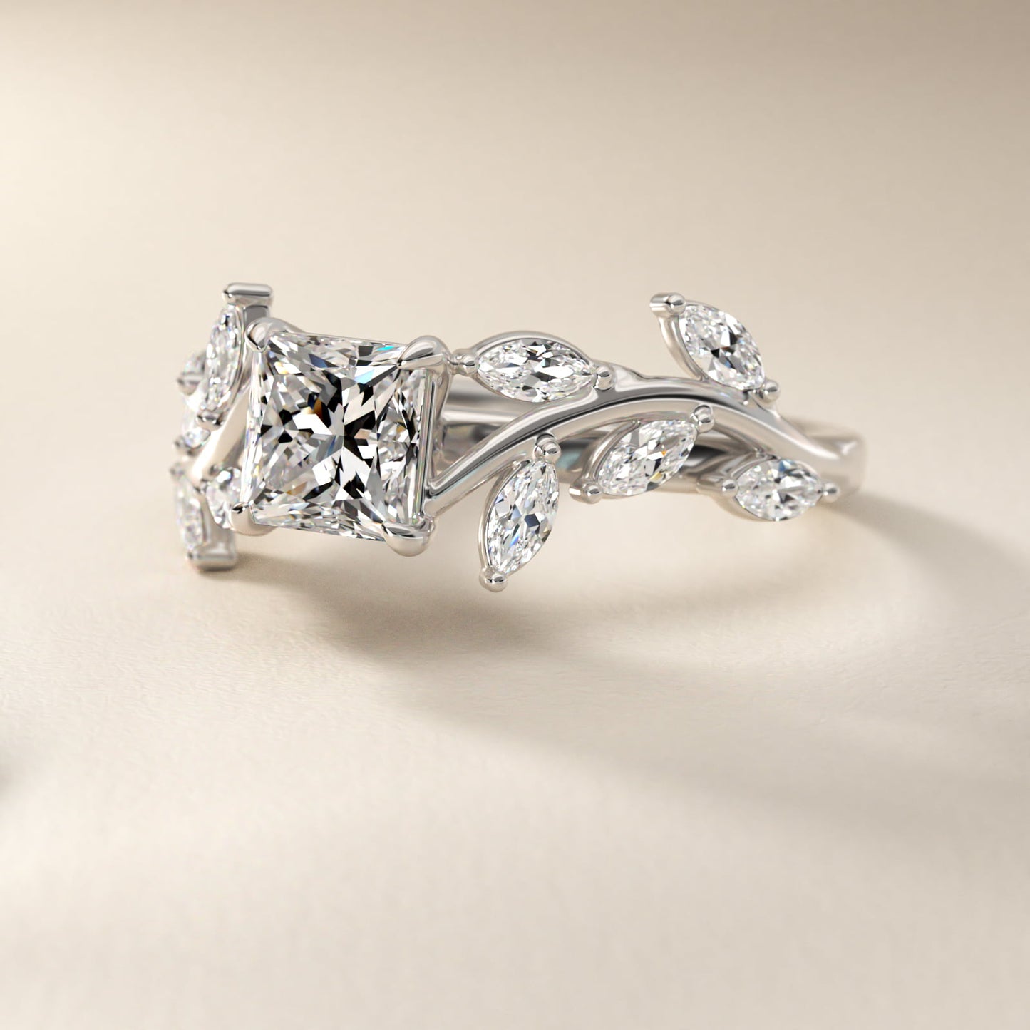 Floral Side Stone Diamond Engagement Ring In Platinum By James Allen - Princess Center
