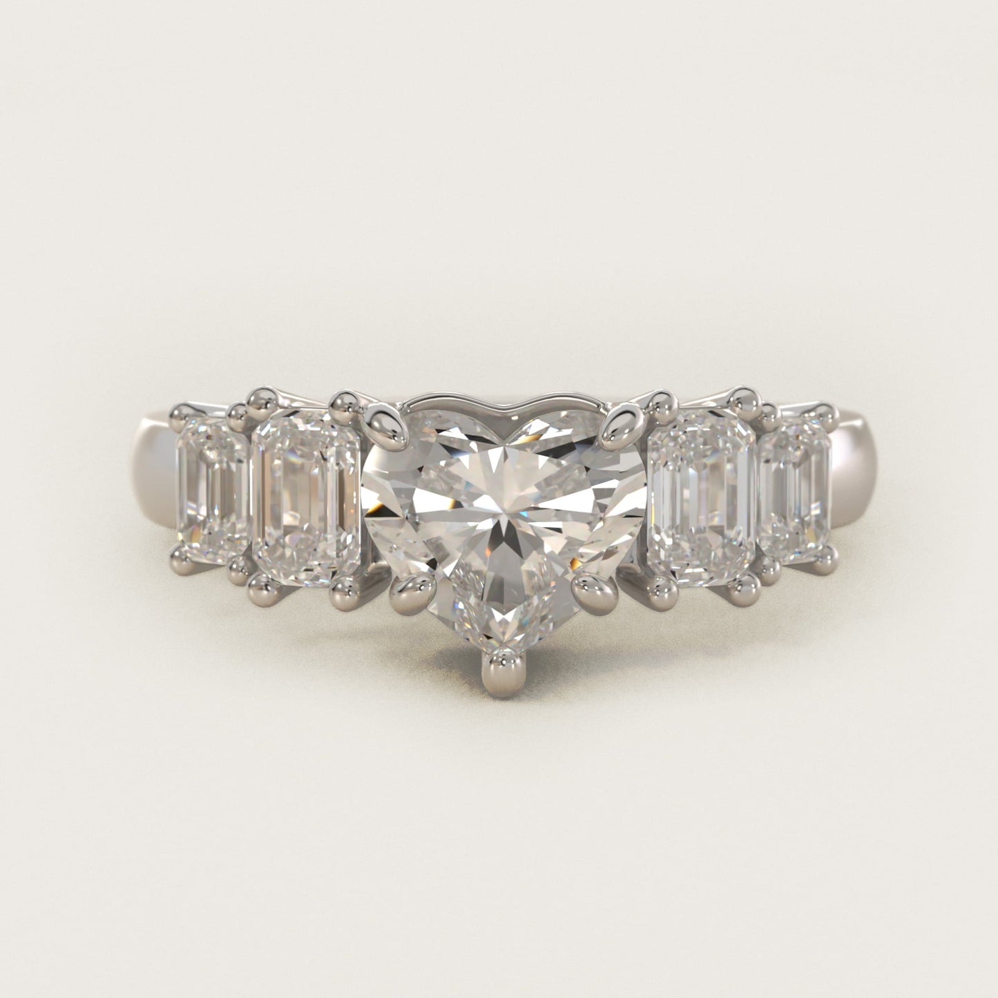 Four Stone Emerald Diamond Engagement Ring in 18k White Gold - Heart Center