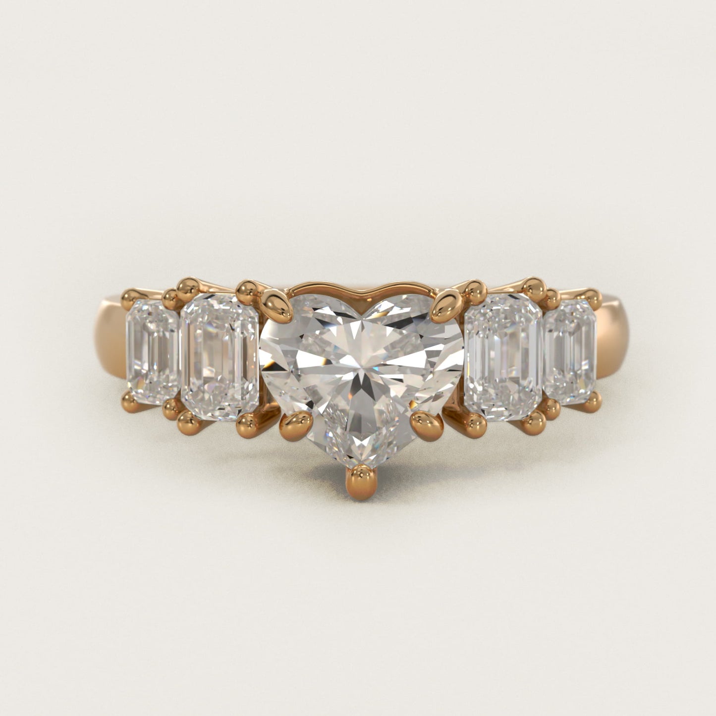 Four Stone Emerald Diamond Engagement Ring in 18k Yellow Gold - Heart Center
