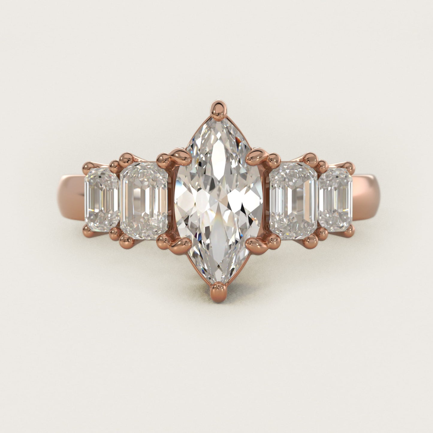 Four Stone Emerald Diamond Engagement Ring in 18k Rose Gold - Marquise Center