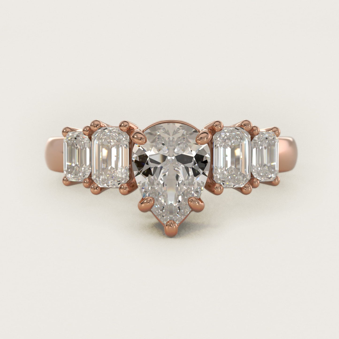 Four Stone Emerald Diamond Engagement Ring in 14k Rose Gold - Pear Center