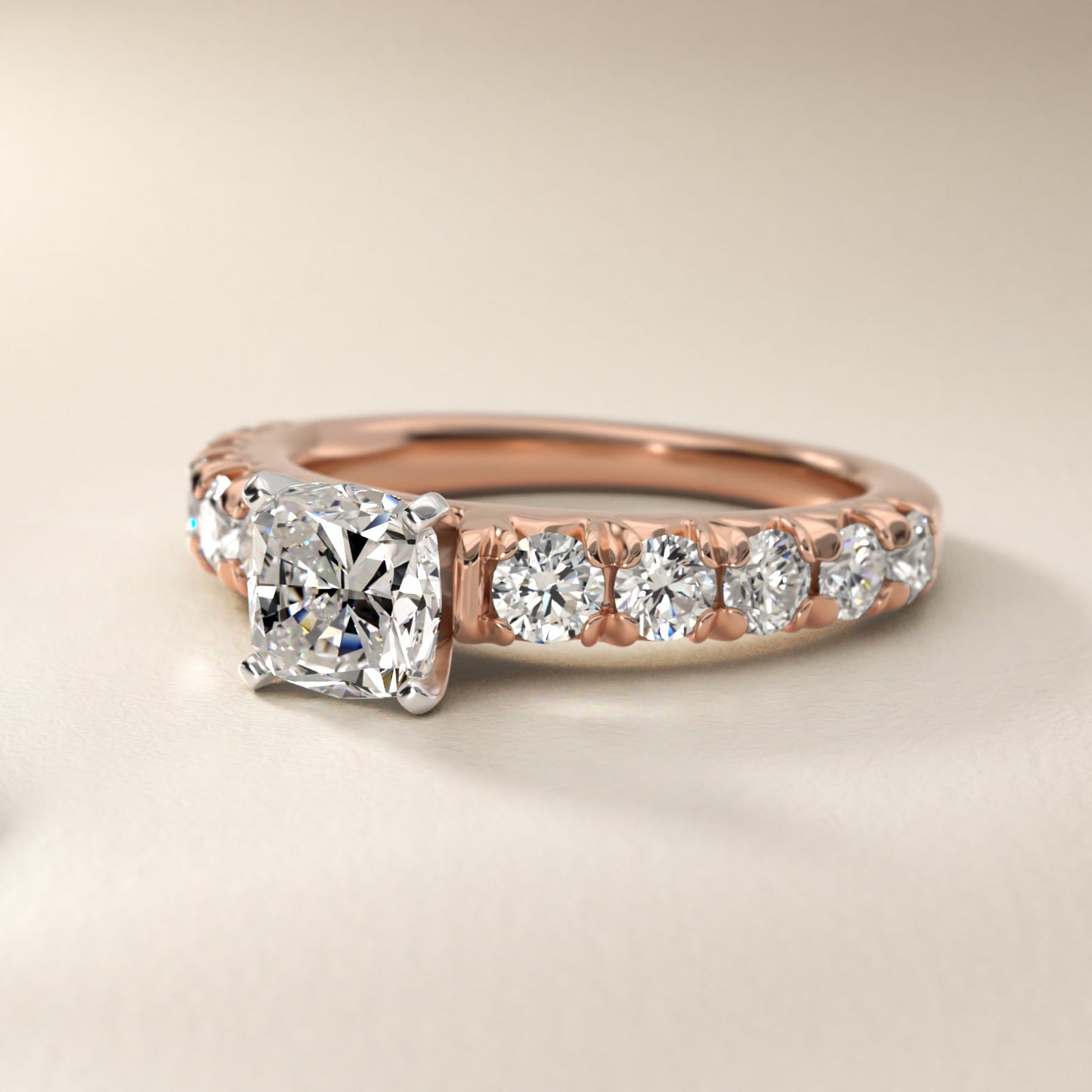 French PavŽ Diamond Engagement Ring in 18k Rose Gold (1 ct. tw.) - Cushion Center