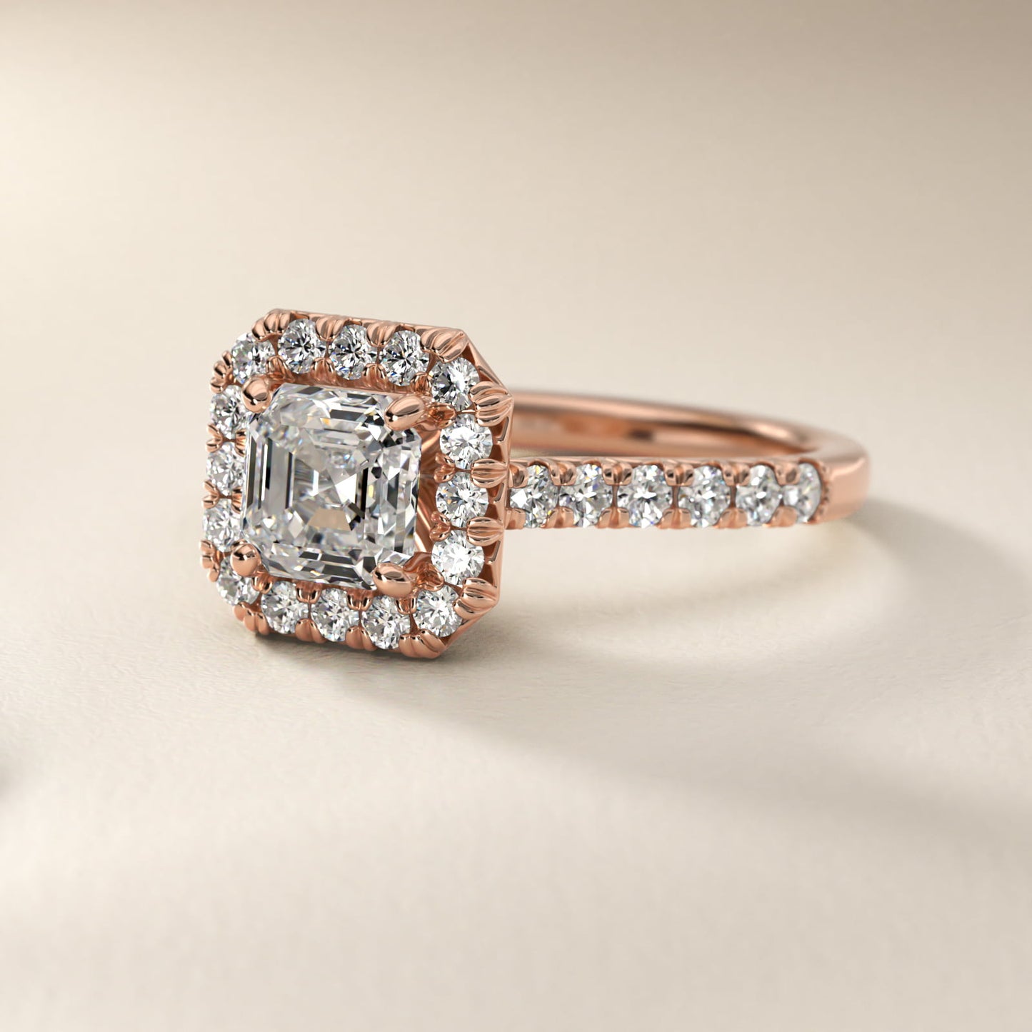 French PavŽ Diamond Halo Engagement Ring in 14k Rose Gold (1/2 ct. tw.) - Asscher Center