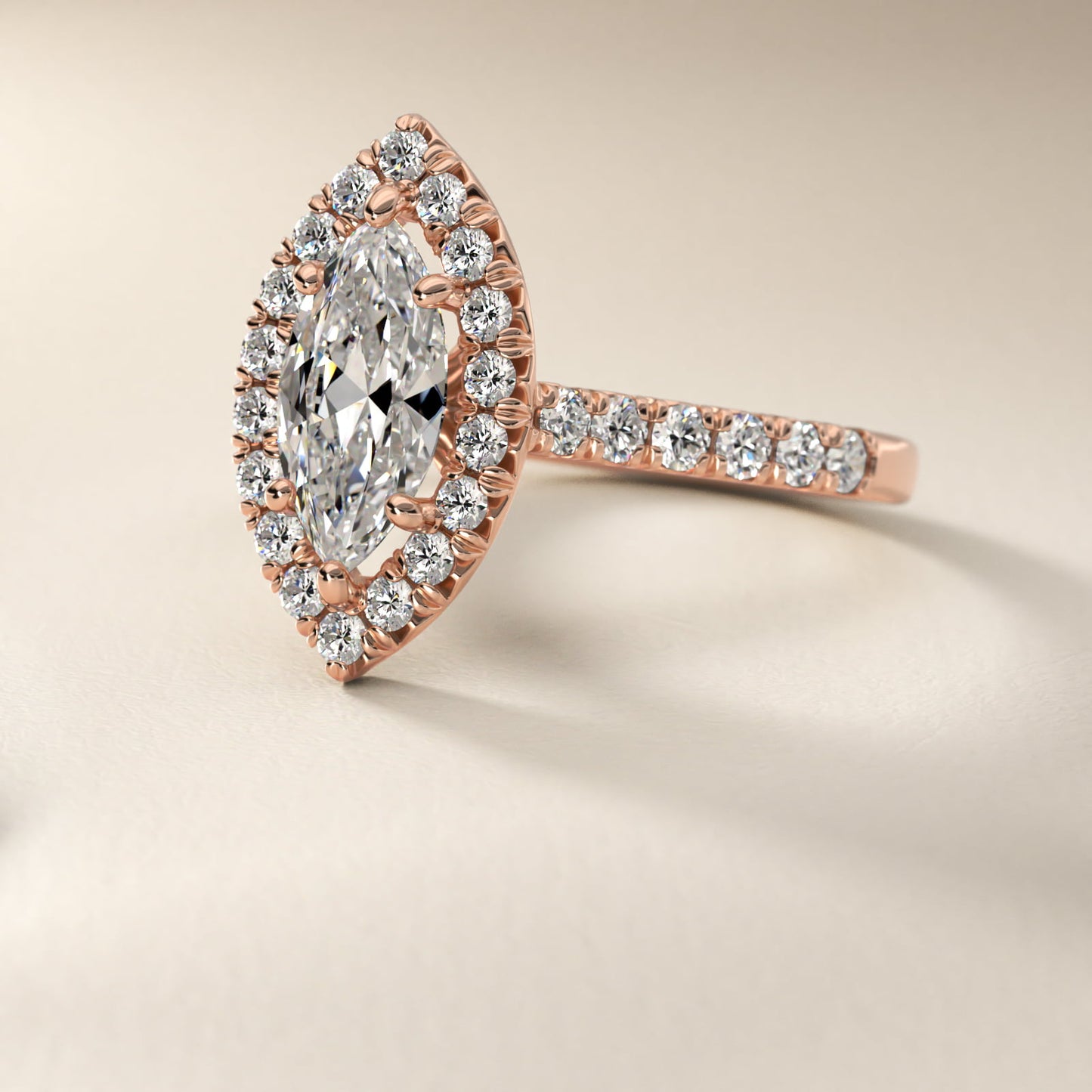 French Pav? Diamond Halo Engagement Ring in 18k Rose Gold (1/2 ct. tw.) - Marquise Center