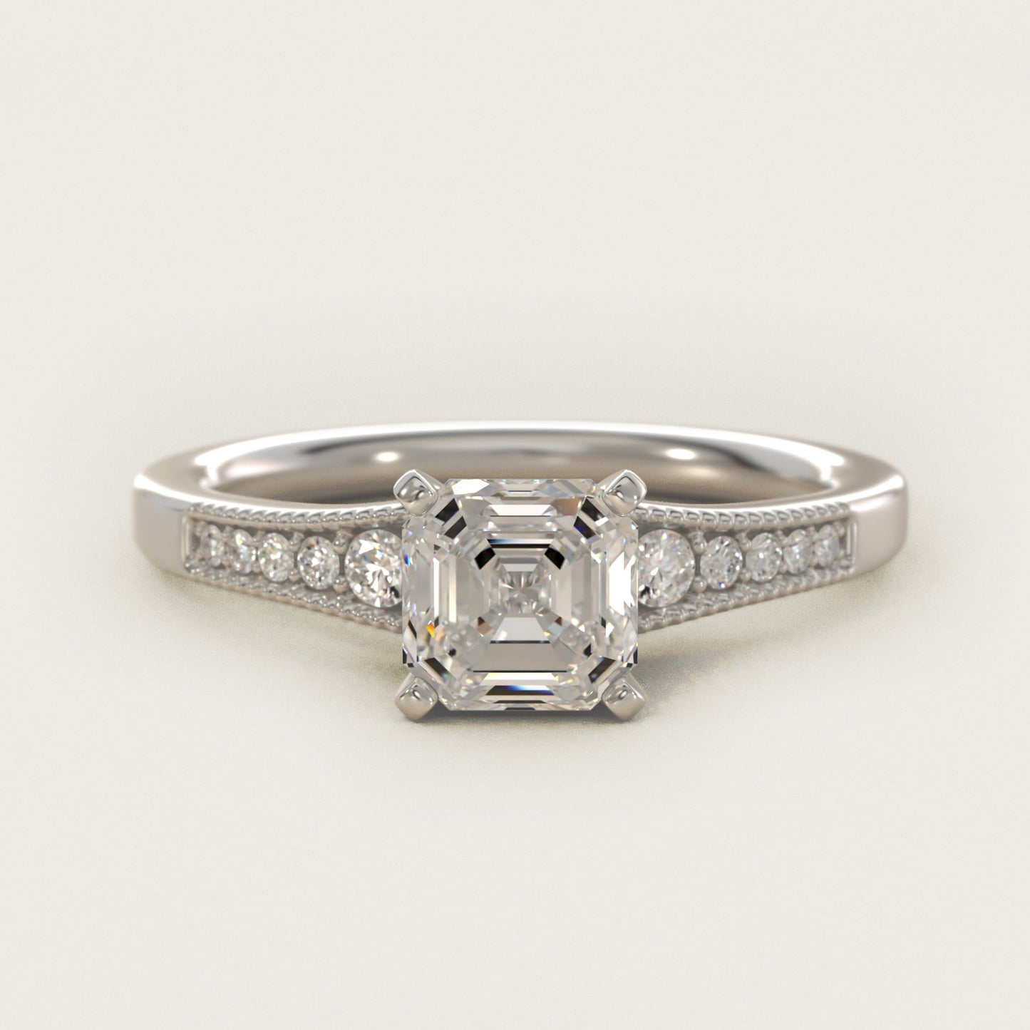 Graduated Milgrain Diamond Engagement Ring in 18k White Gold (1/10 ct. tw.) - Asscher Center