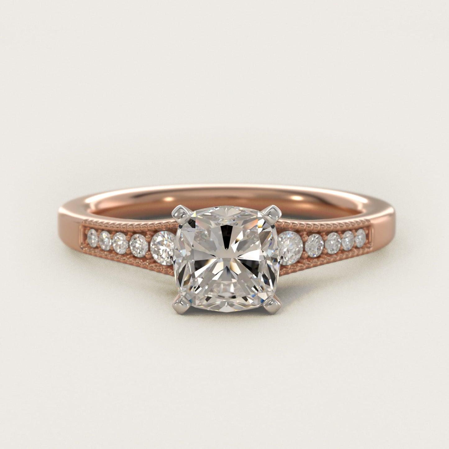 Graduated Milgrain Diamond Engagement Ring in 18k Rose Gold (1/10 ct. tw.) - Cushion Center