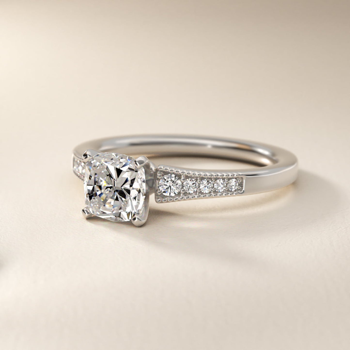 Graduated Milgrain Diamond Engagement Ring in Platinum (1/10 ct. tw.) - Cushion Center