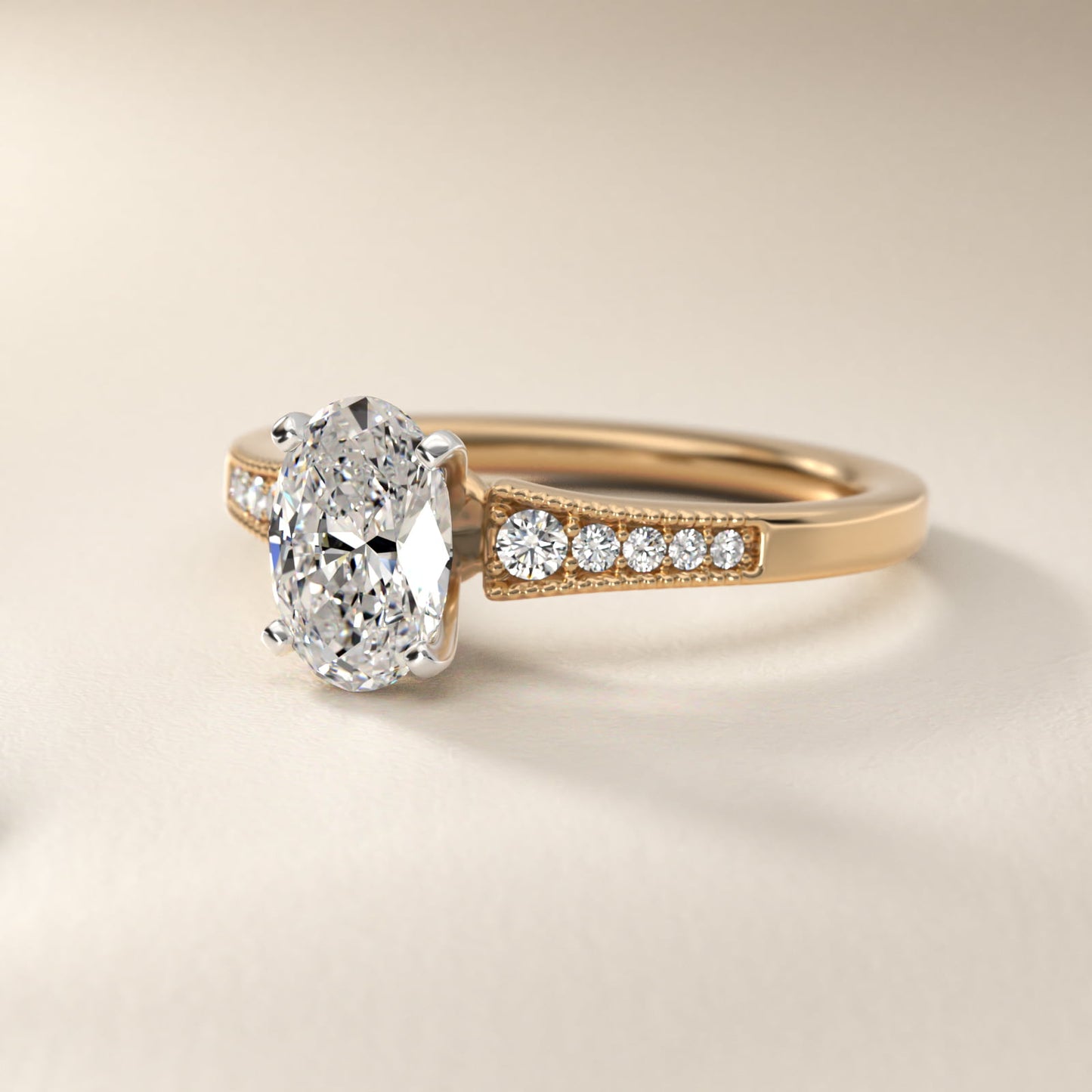Graduated Milgrain Diamond Engagement Ring in 14k Yellow Gold (1/10 ct. tw.) - Oval Center