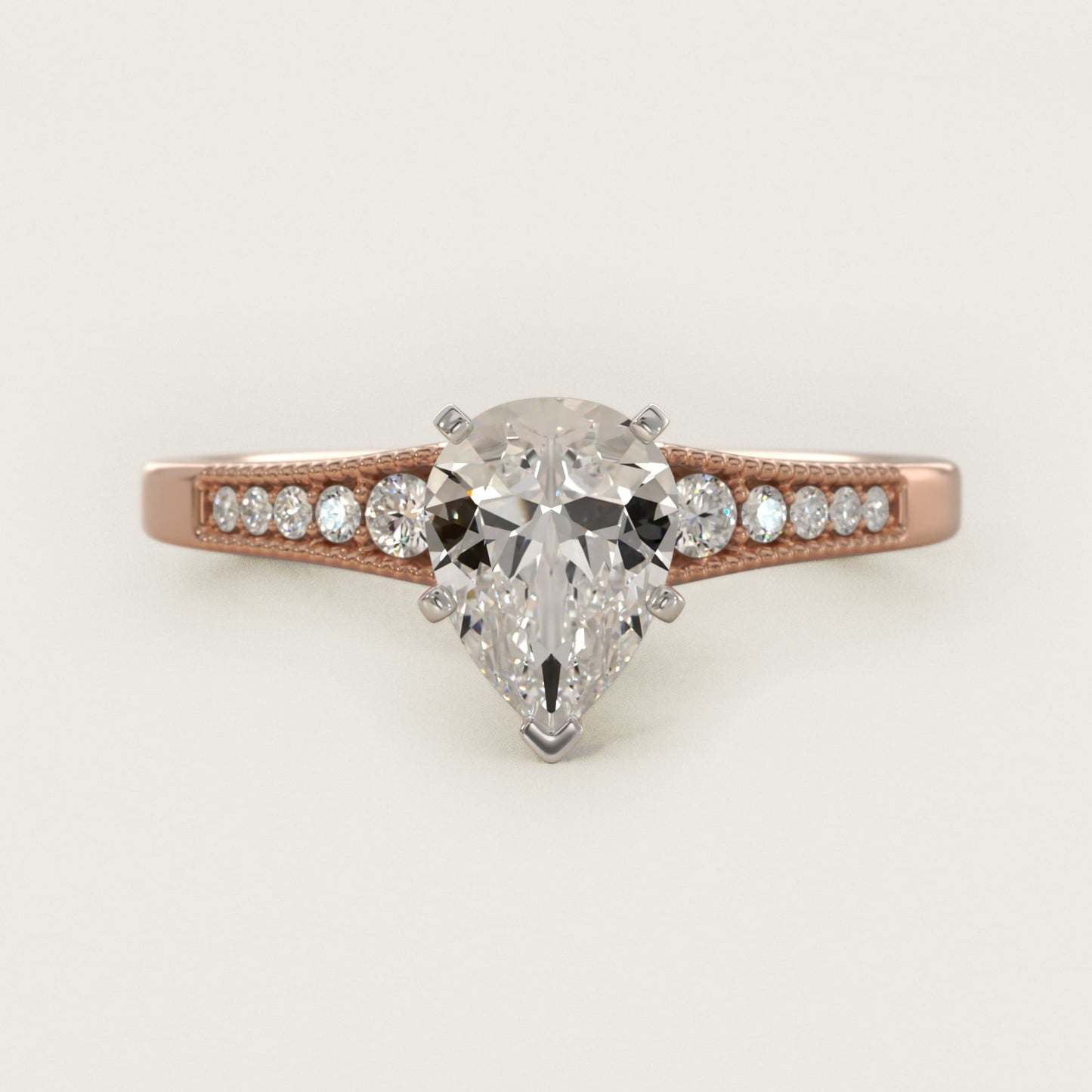 Graduated Milgrain Diamond Engagement Ring in 18k Rose Gold (1/10 ct. tw.) - Pear Center
