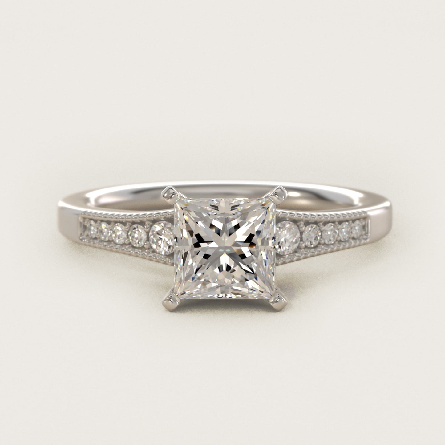 Graduated Milgrain Diamond Engagement Ring in 14k White Gold (1/10 ct. tw.) - Princess Center