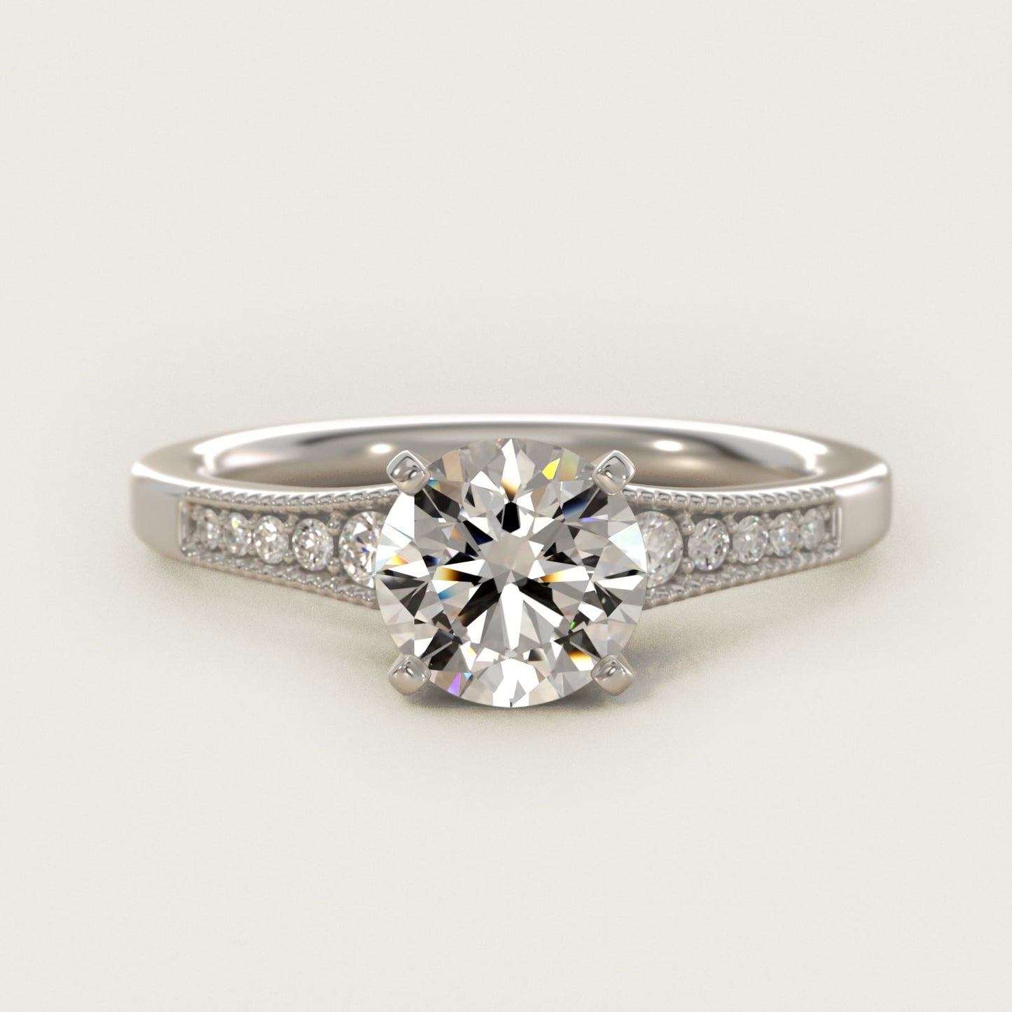 Graduated Milgrain Diamond Engagement Ring in 18k White Gold (1/10 ct. tw.) - Round Center