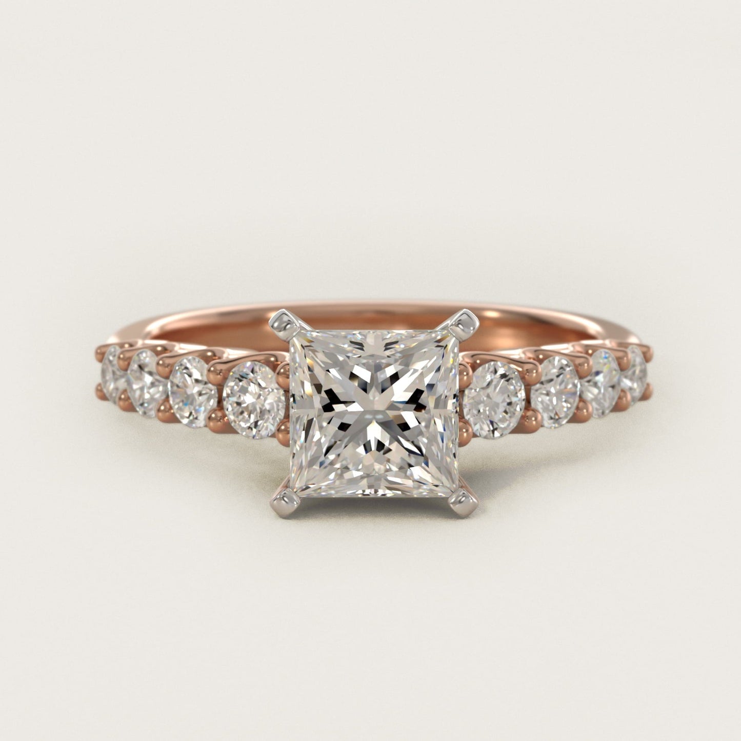 Graduated Side Stone Diamond Engagement Ring in 18k Rose Gold (3/8 ct. tw.) - Princess Center