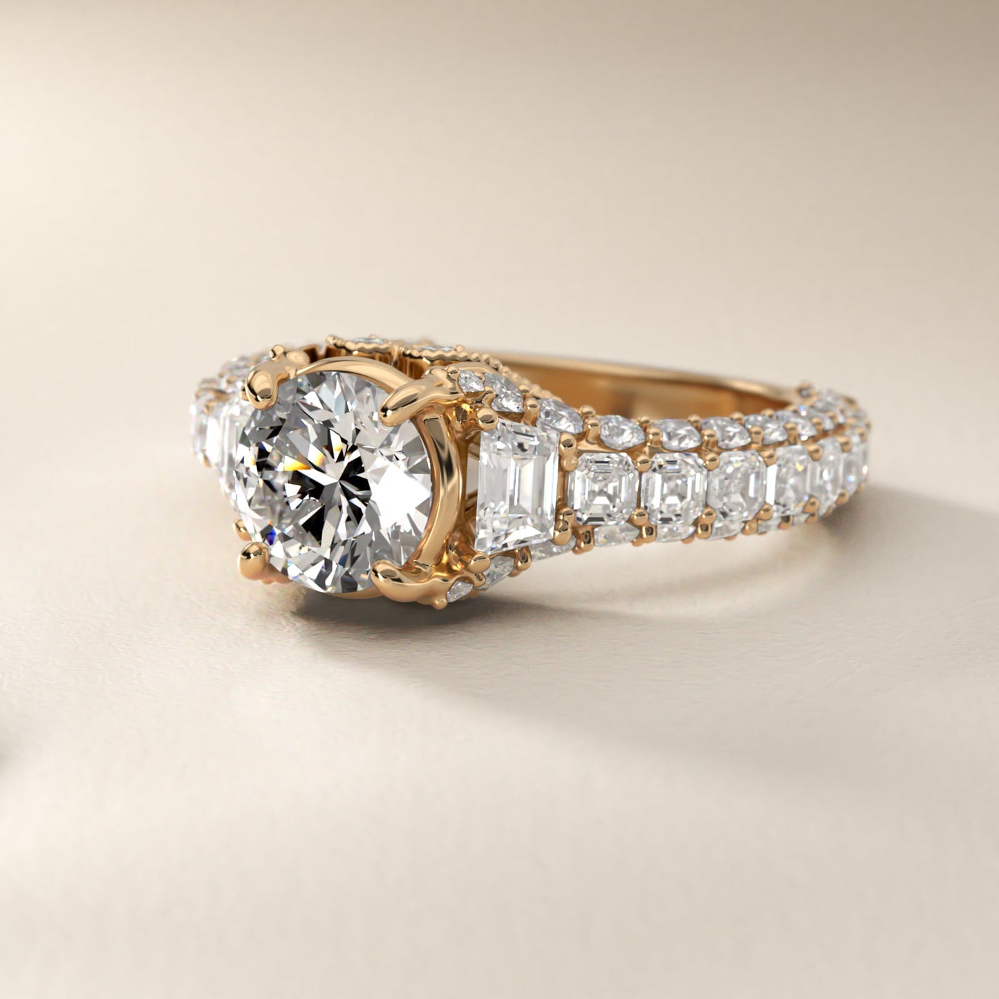 Grandeur Trapezoid Diamond Engagement Ring in 14K Yellow Gold (2 1/4 ct. tw.) By Bella Vaughan - Round Center