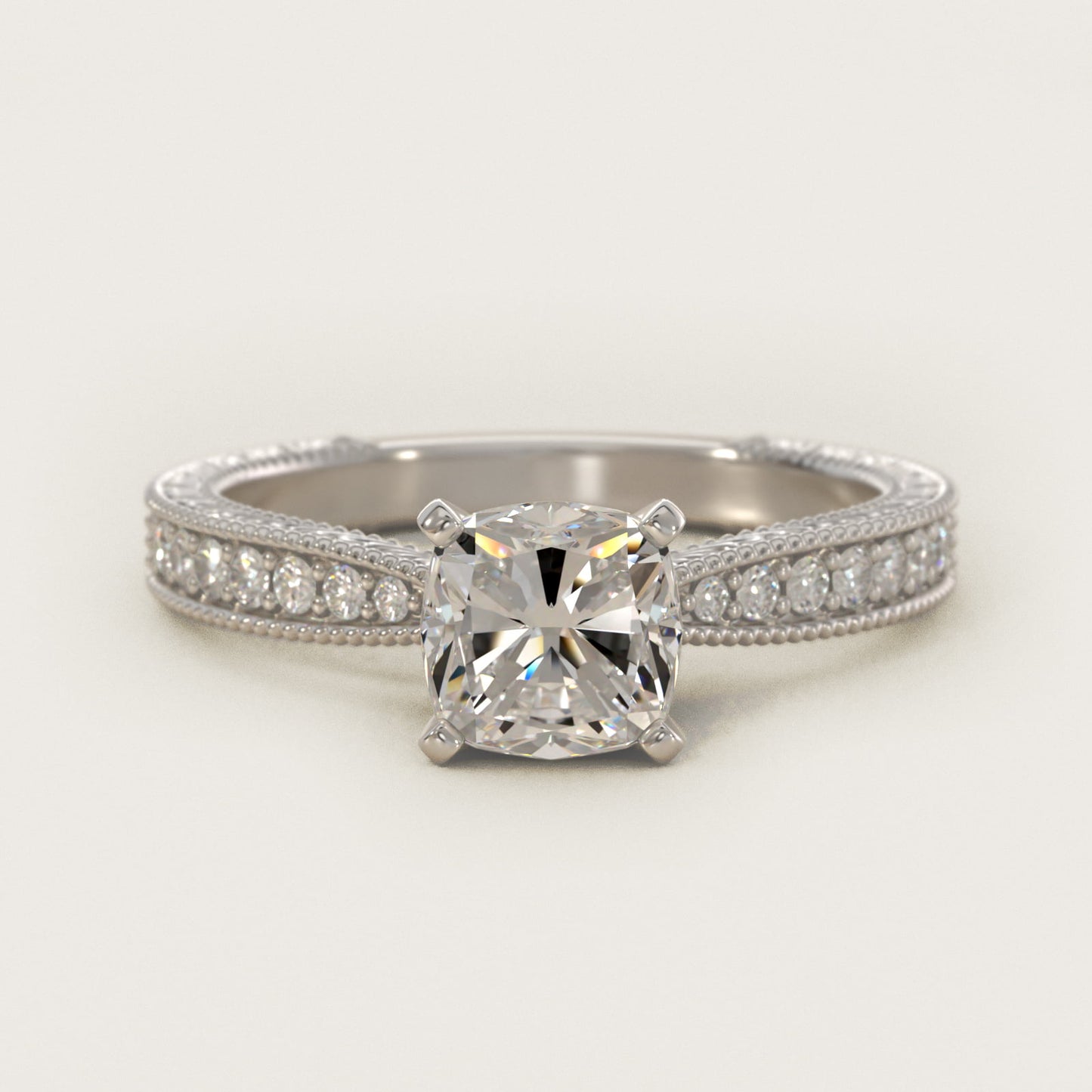 Hand-Engraved MicropavŽ Diamond Engagement Ring in 18k White Gold (1/6 ct. tw.) - Cushion Center