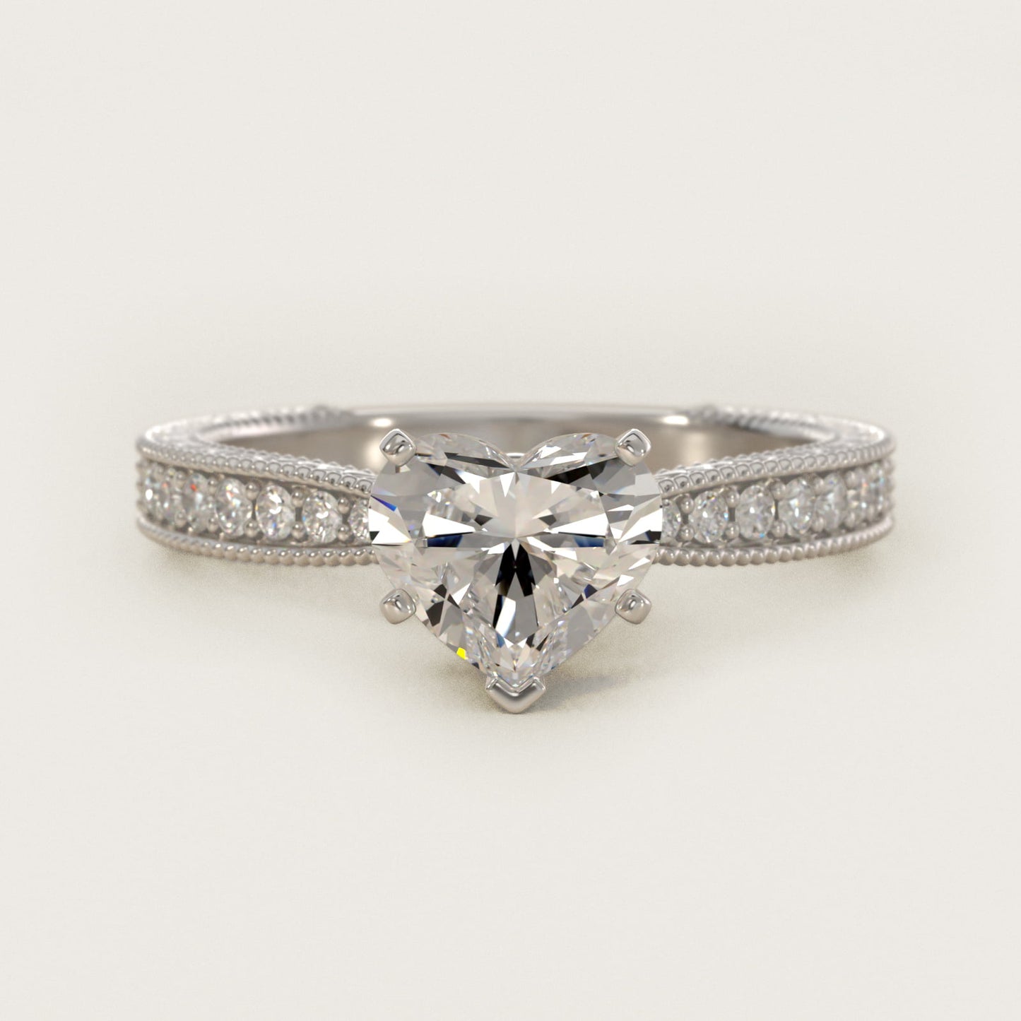 Hand-Engraved MicropavŽ Diamond Engagement Ring in 18k White Gold (1/6 ct. tw.) - Heart Center