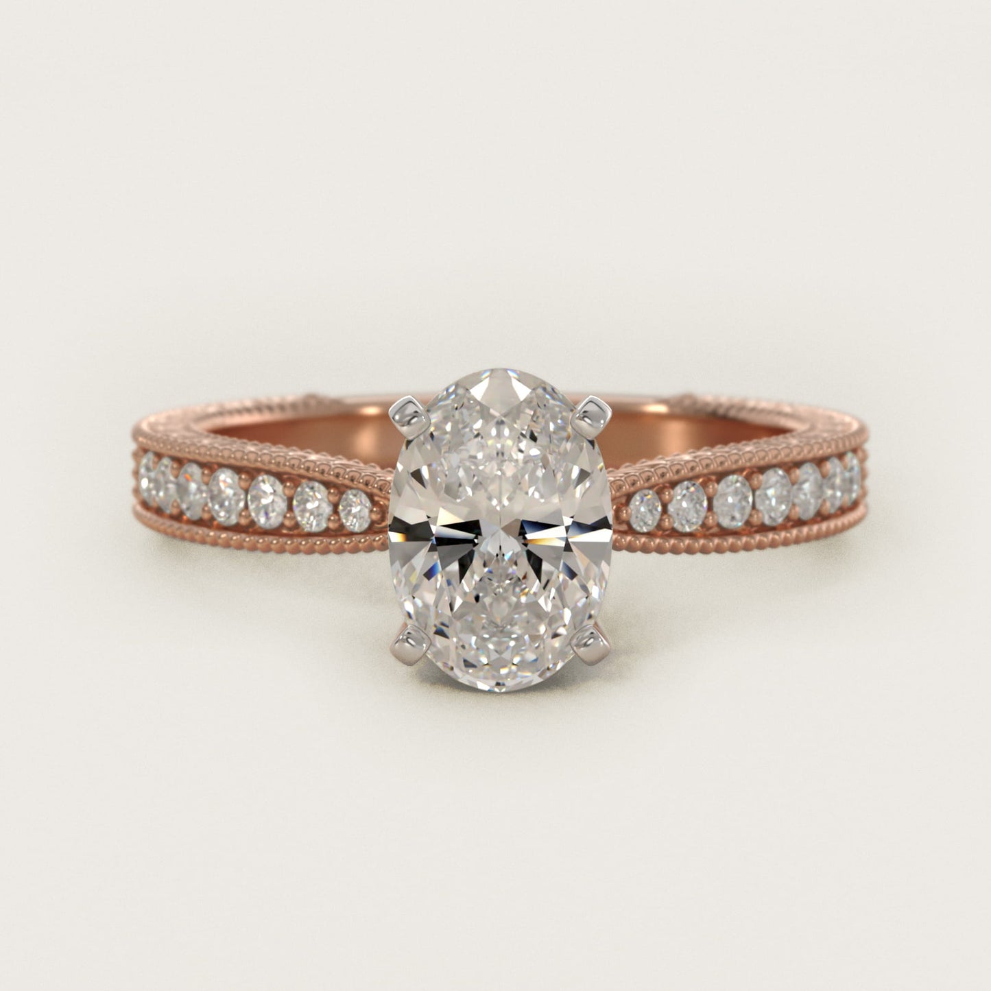 Hand-Engraved MicropavŽ Diamond Engagement Ring in 14k Rose Gold (1/6 ct. tw.) - Oval Center