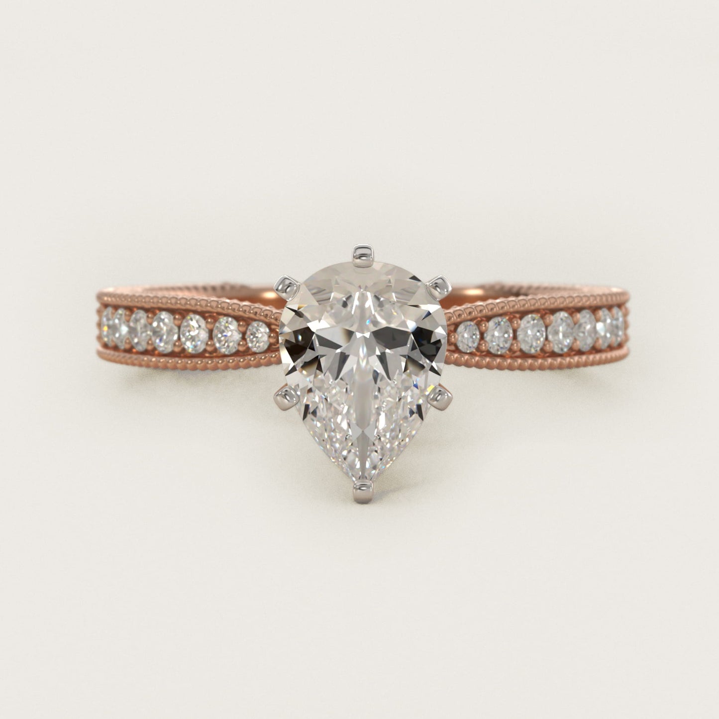Hand-Engraved MicropavŽ Diamond Engagement Ring in 14k Rose Gold (1/6 ct. tw.) - Pear Center