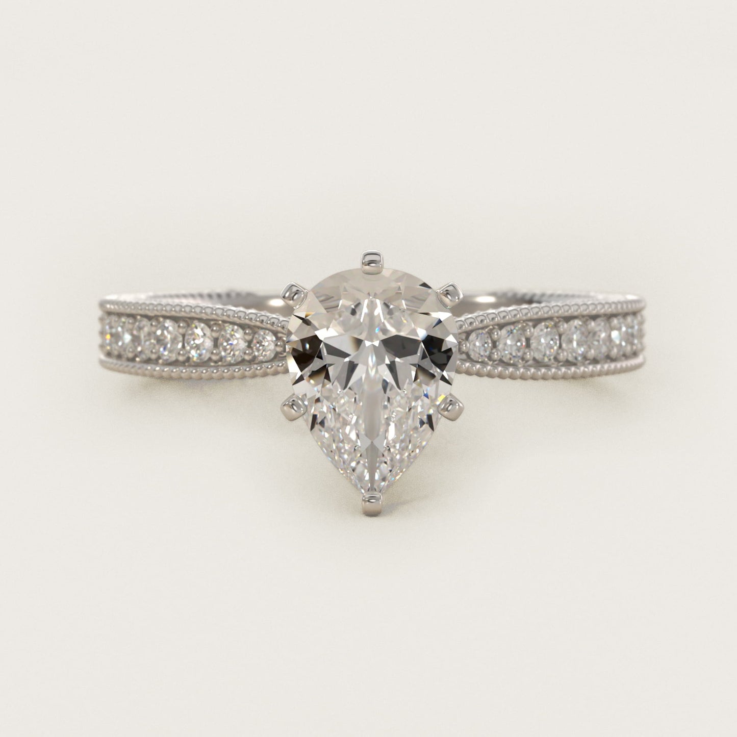 Hand-Engraved MicropavŽ Diamond Engagement Ring in 18k White Gold (1/6 ct. tw.) - Pear Center