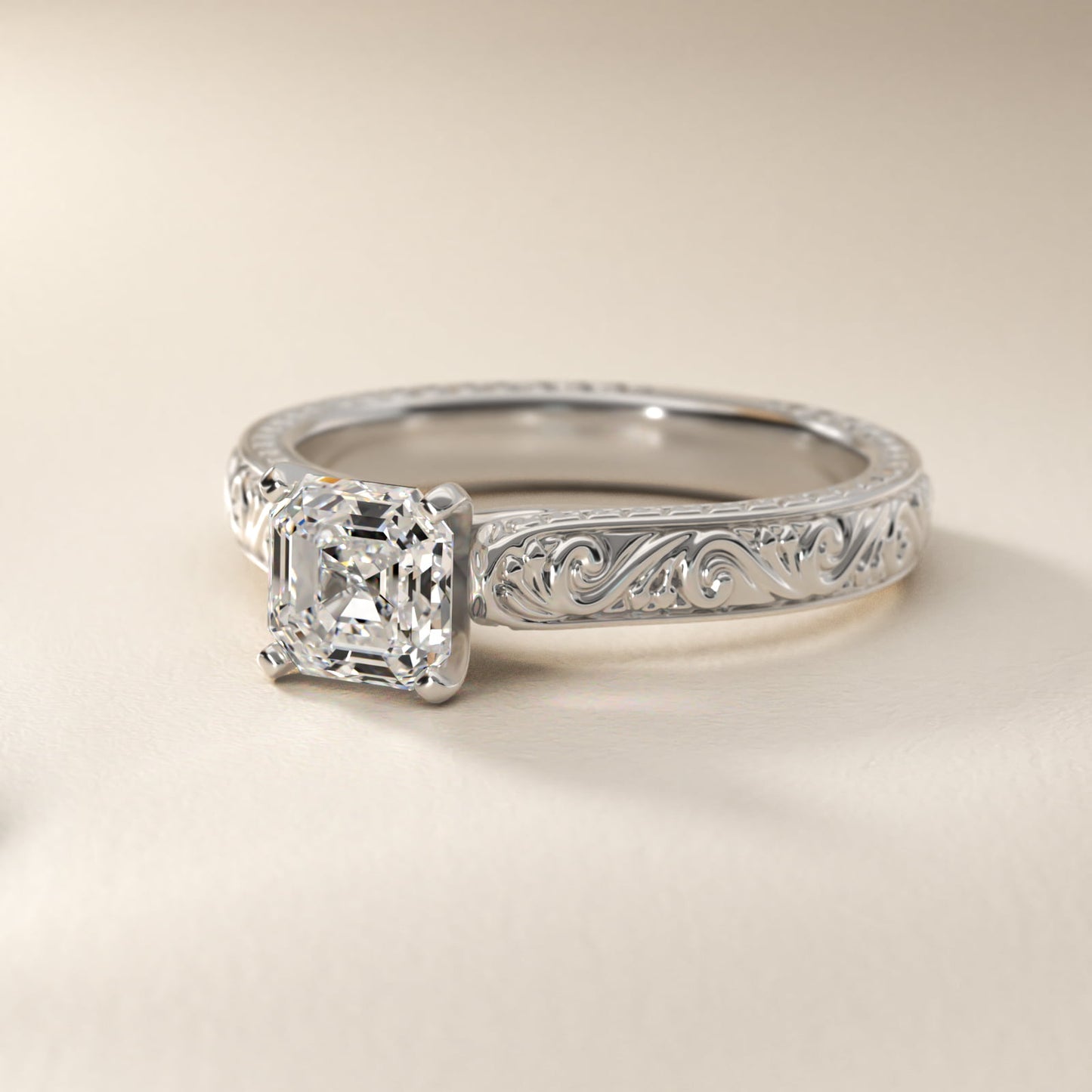 Hand-Engraved Solitaire Engagement Ring in 18k White Gold - Asscher Center
