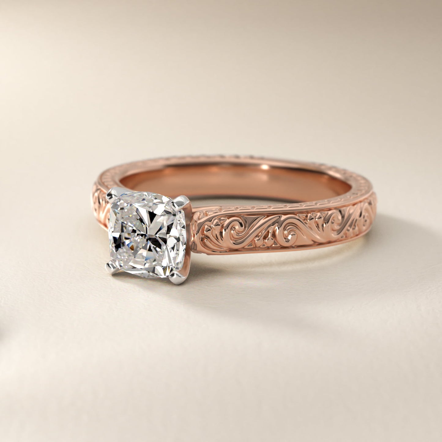 Hand-Engraved Solitaire Engagement Ring in 14k Rose Gold - Cushion Center