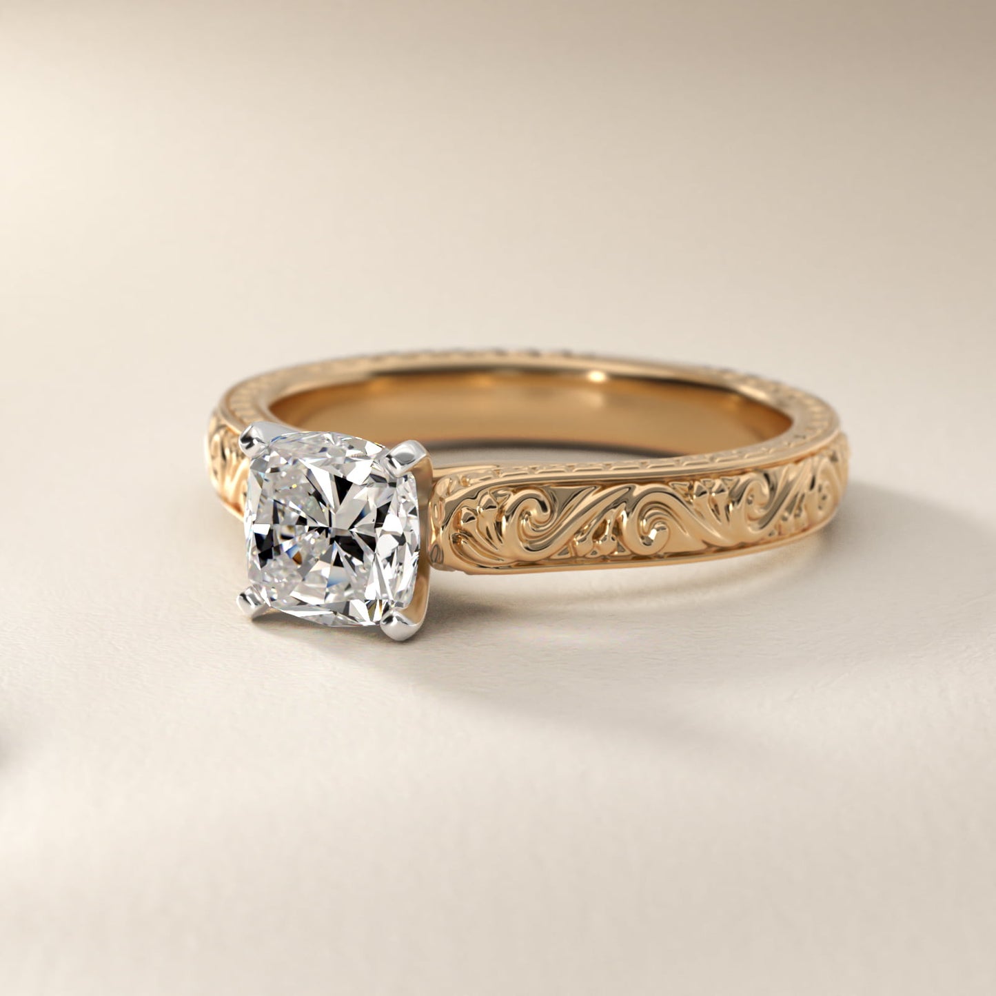 Hand-Engraved Solitaire Engagement Ring in 18k Yellow Gold - Cushion Center