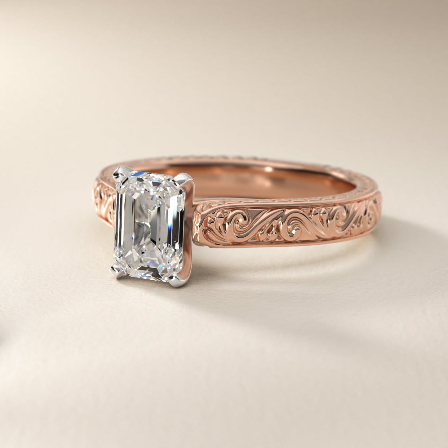 Hand-Engraved Solitaire Engagement Ring in 18k Rose Gold - Emerald Center