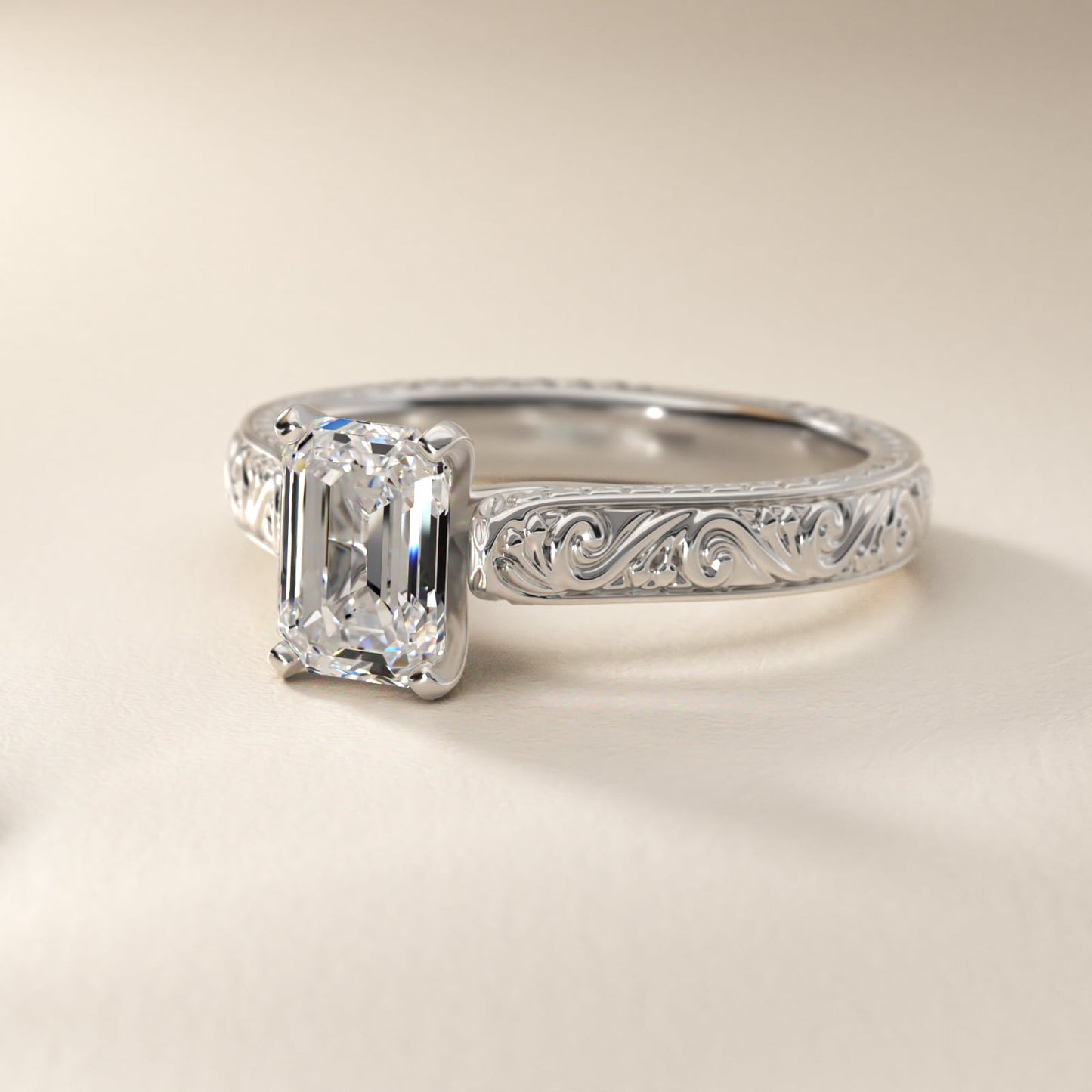 Hand-Engraved Solitaire Engagement Ring in 14K White Gold - Emerald Center