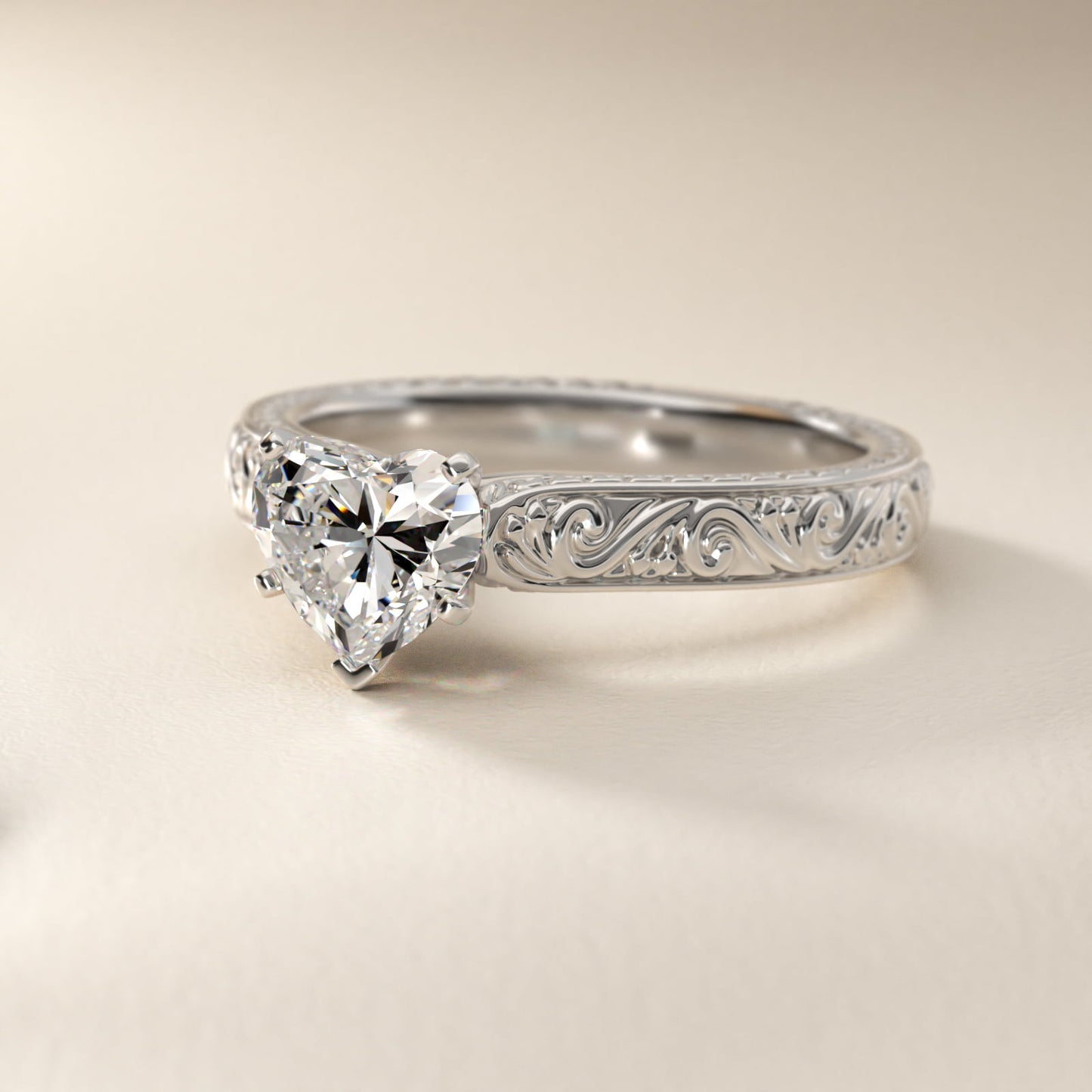 Hand-Engraved Solitaire Engagement Ring in 18k White Gold - Heart Center