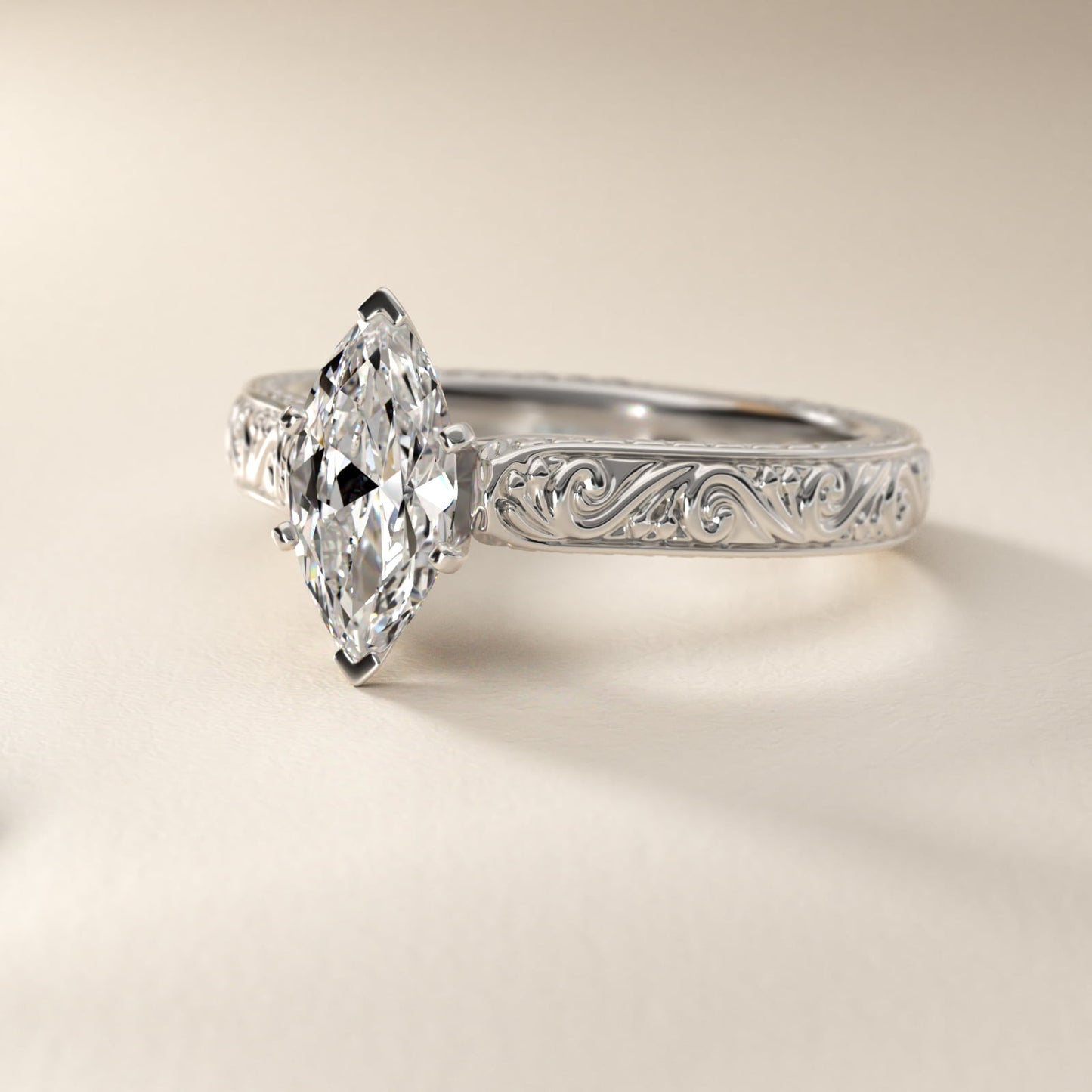 Hand-Engraved Solitaire Engagement Ring in 18k White Gold - Marquise Center