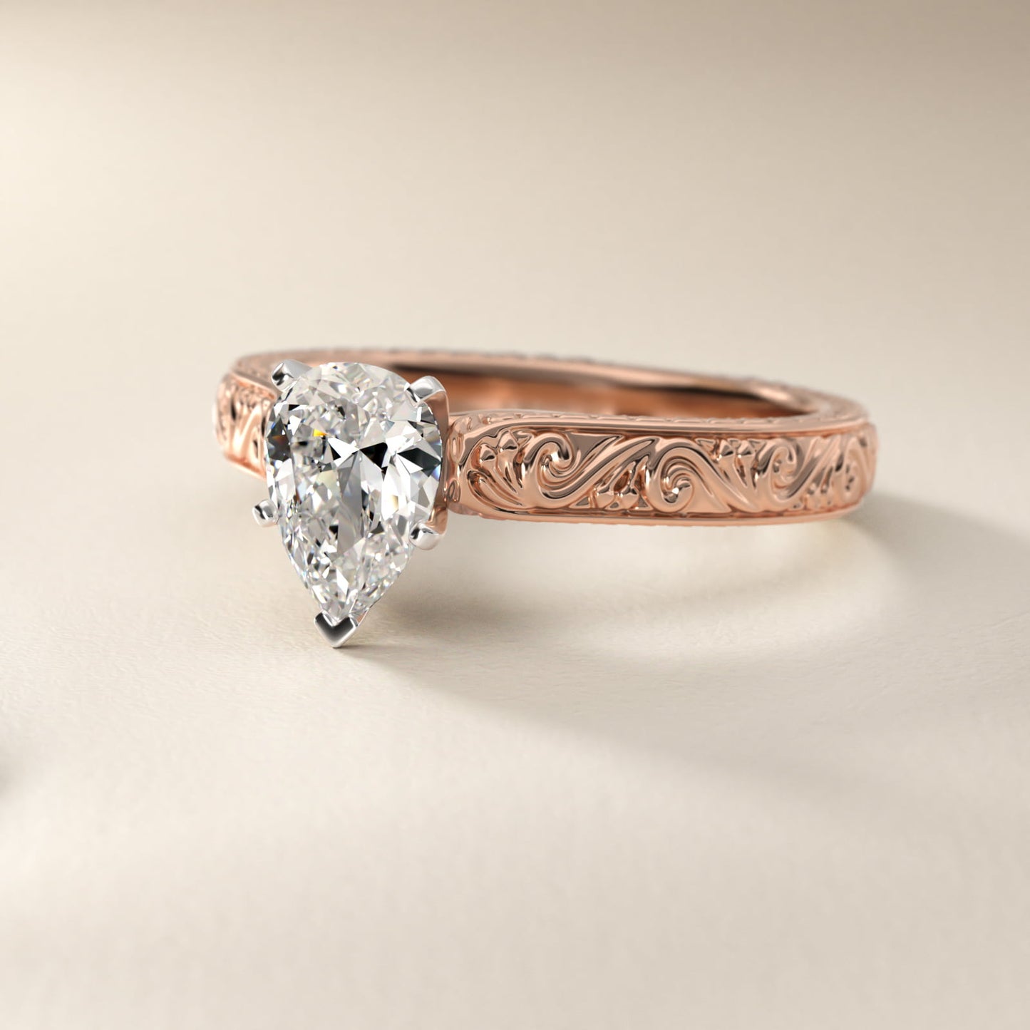 Hand-Engraved Solitaire Engagement Ring in 18k Rose Gold - Pear Center