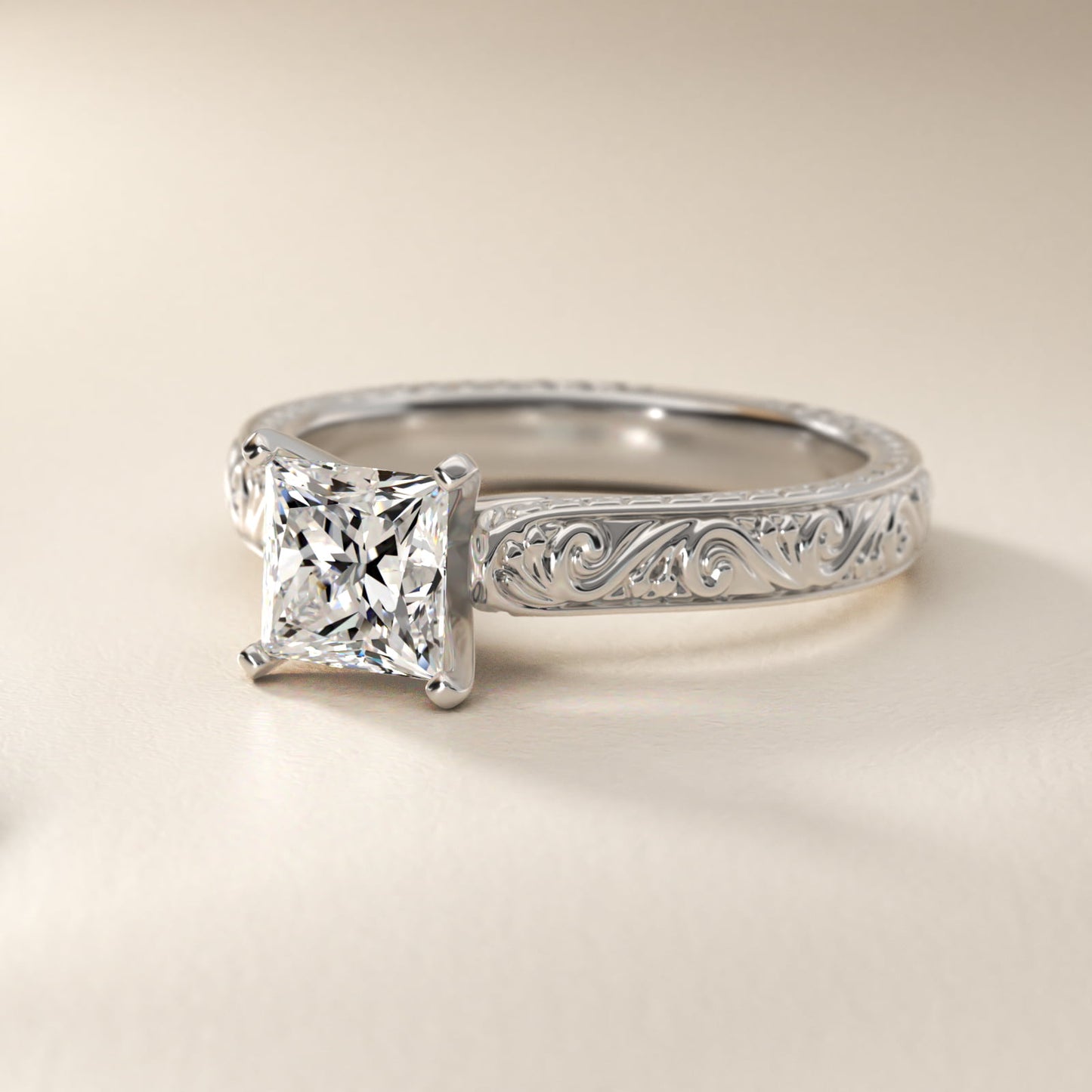 Hand-Engraved Solitaire Engagement Ring in 14K White Gold - Princess Center