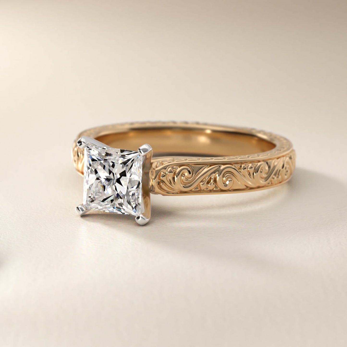 Hand-Engraved Solitaire Engagement Ring in 18k Yellow Gold - Princess Center