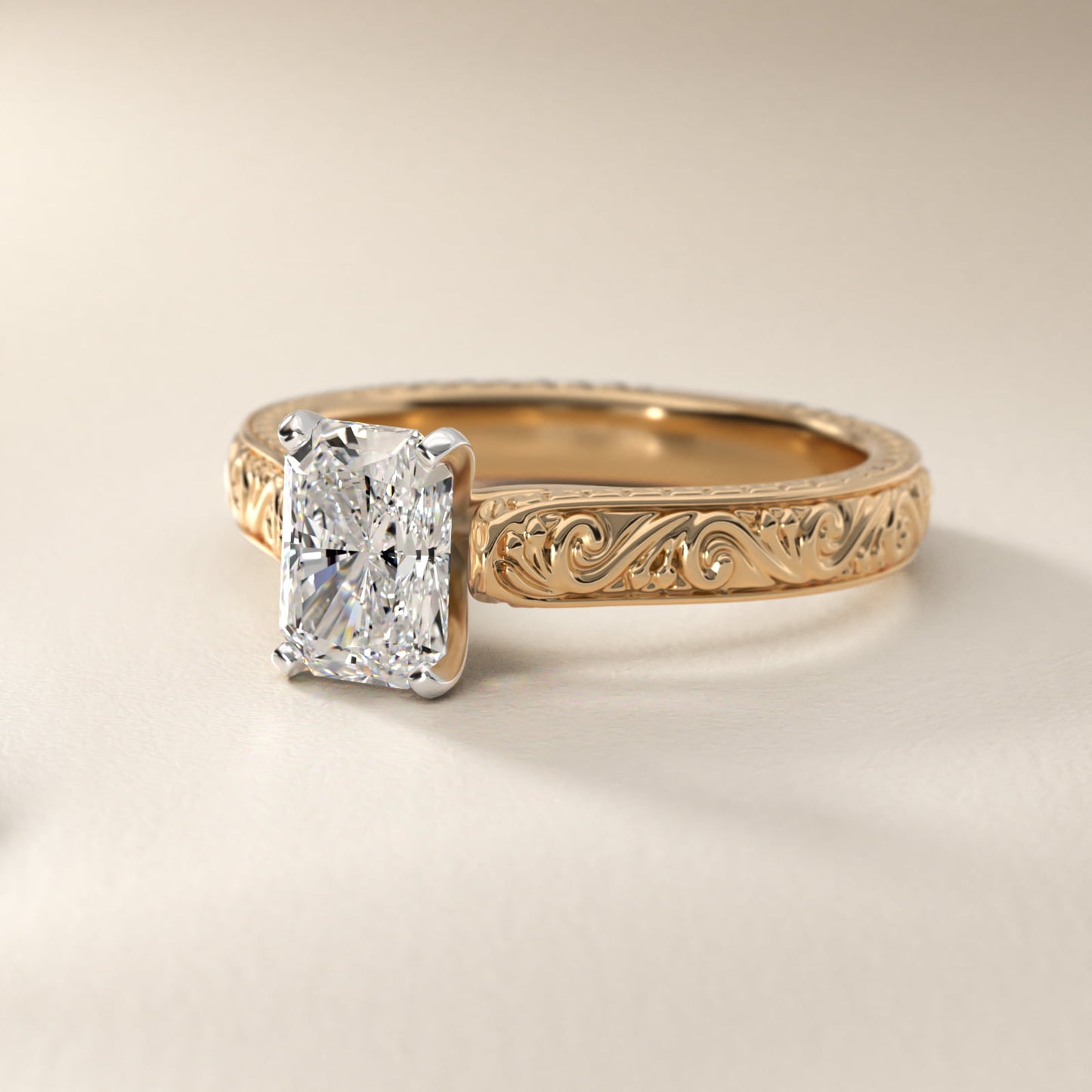 Hand-Engraved Solitaire Engagement Ring in 18k Yellow Gold - Radiant Center