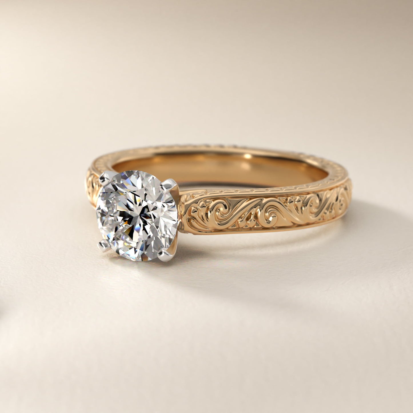 Hand-Engraved Solitaire Engagement Ring in 18k Yellow Gold - Round Center