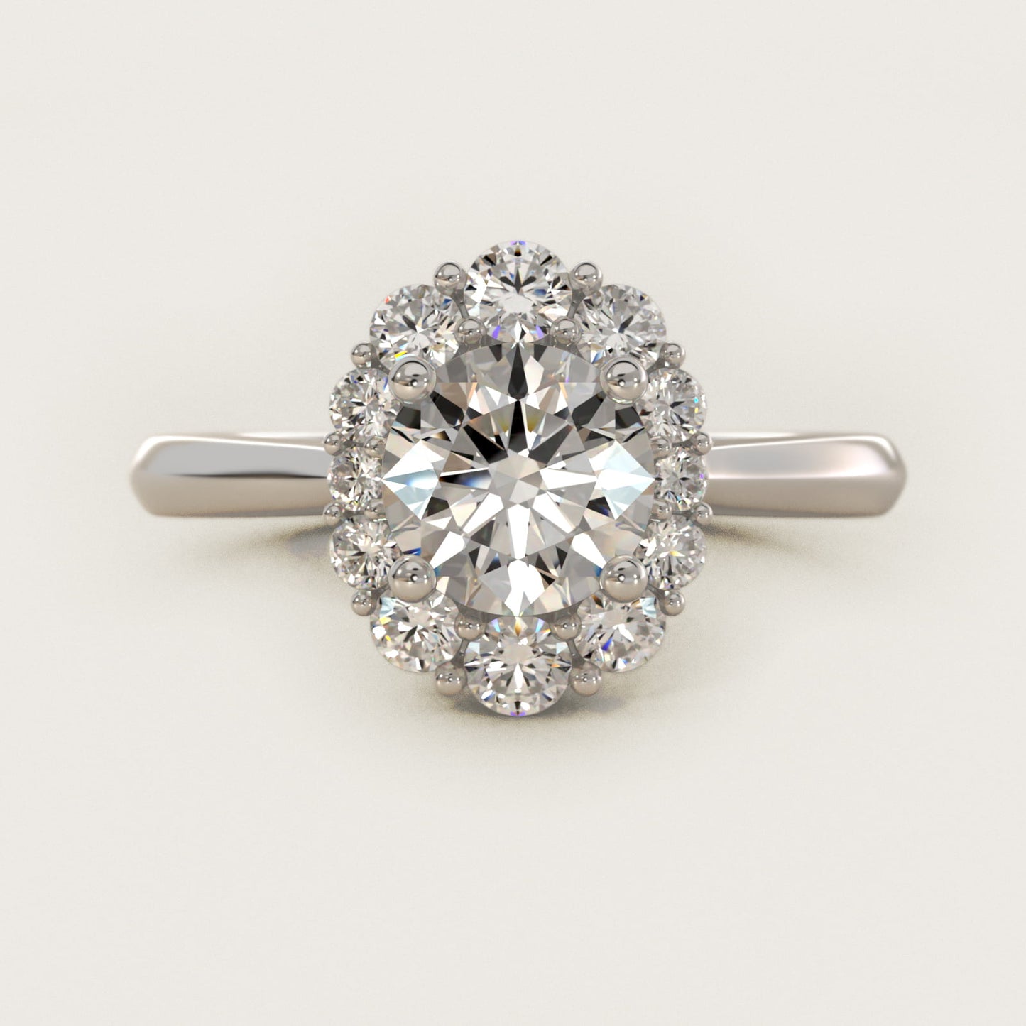 Knife Edge Graduated Oval Diamond Halo Engagement Ring in Platinum (1/3 ct. tw.) - Round Center