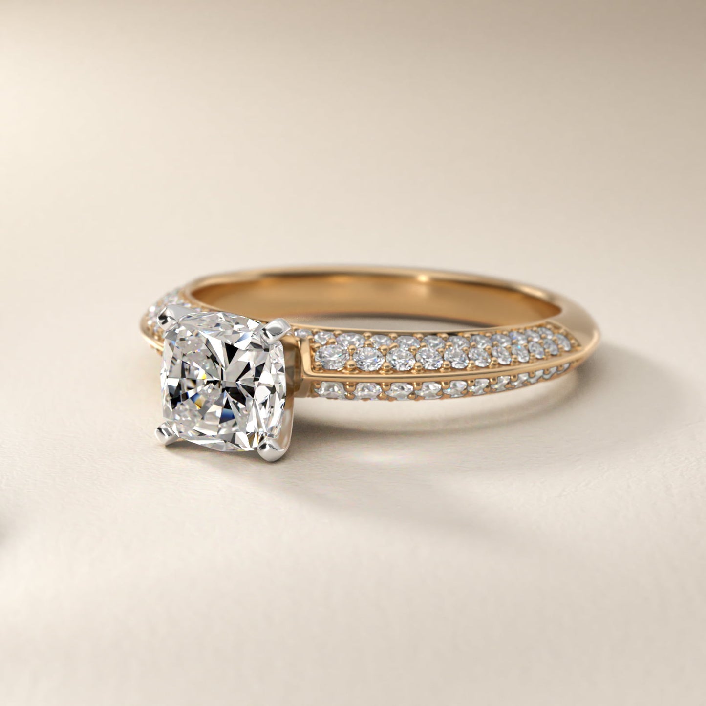 Knife Edge MicropavŽ Diamond Engagement Ring in 18k Yellow Gold (1/3 ct. tw.) - Cushion Center