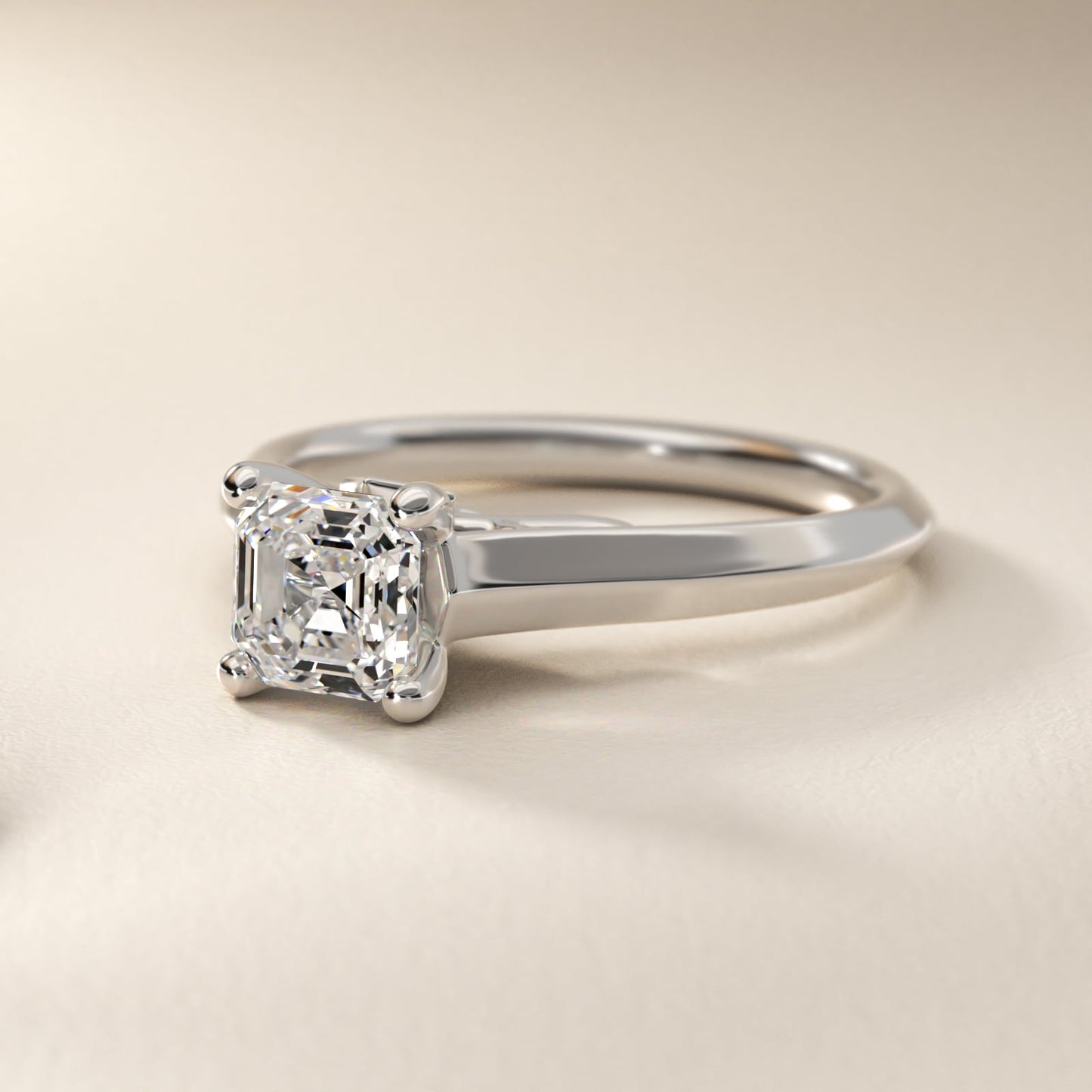 Knife Edge Scroll Solitaire Plus Diamond Engagement Ring in 18k White Gold - Asscher Center