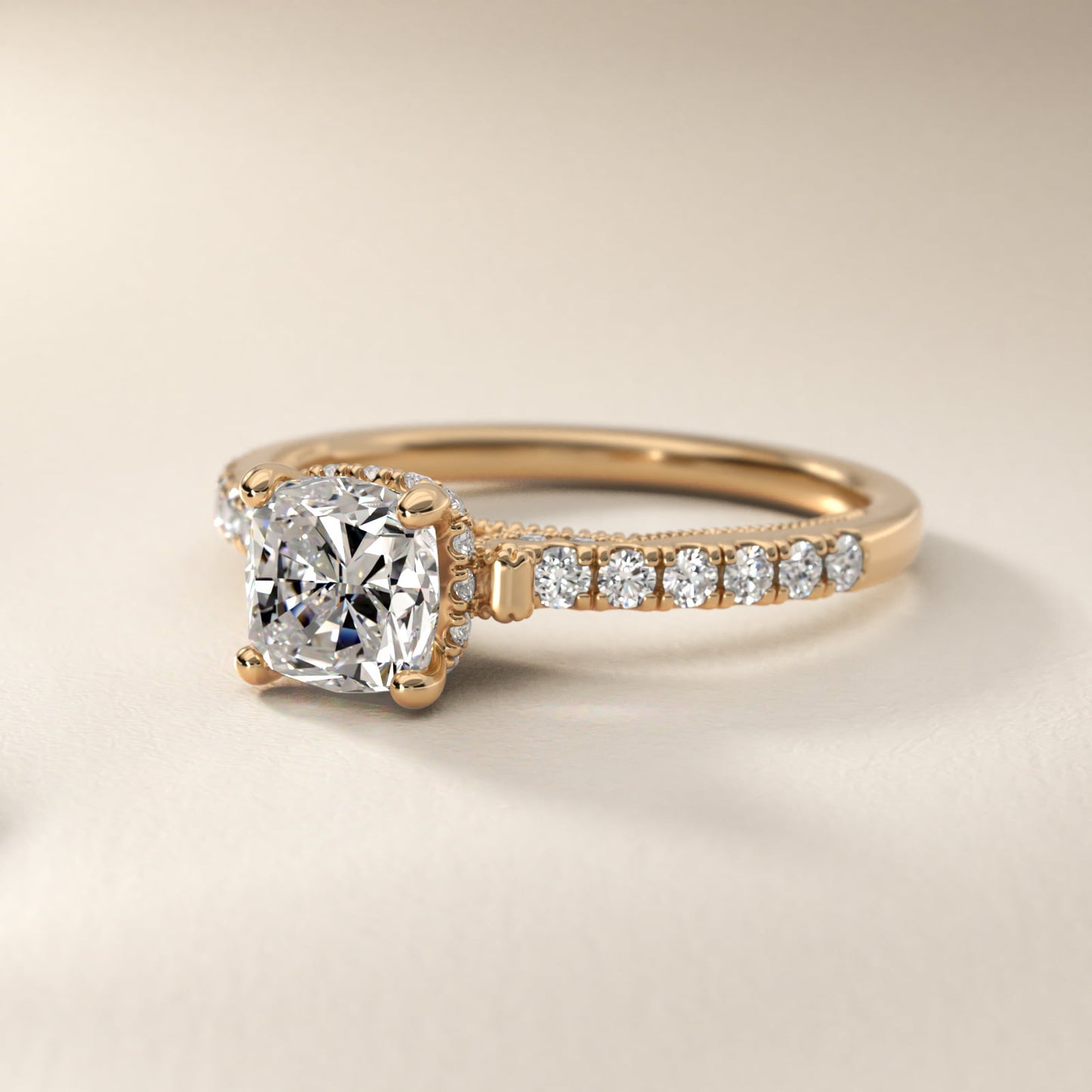 Lace Bridge Hidden Halo and Pave Diamond Engagement Ring in 14k Yellow Gold (1/3 ct. tw.) - Cushion Center