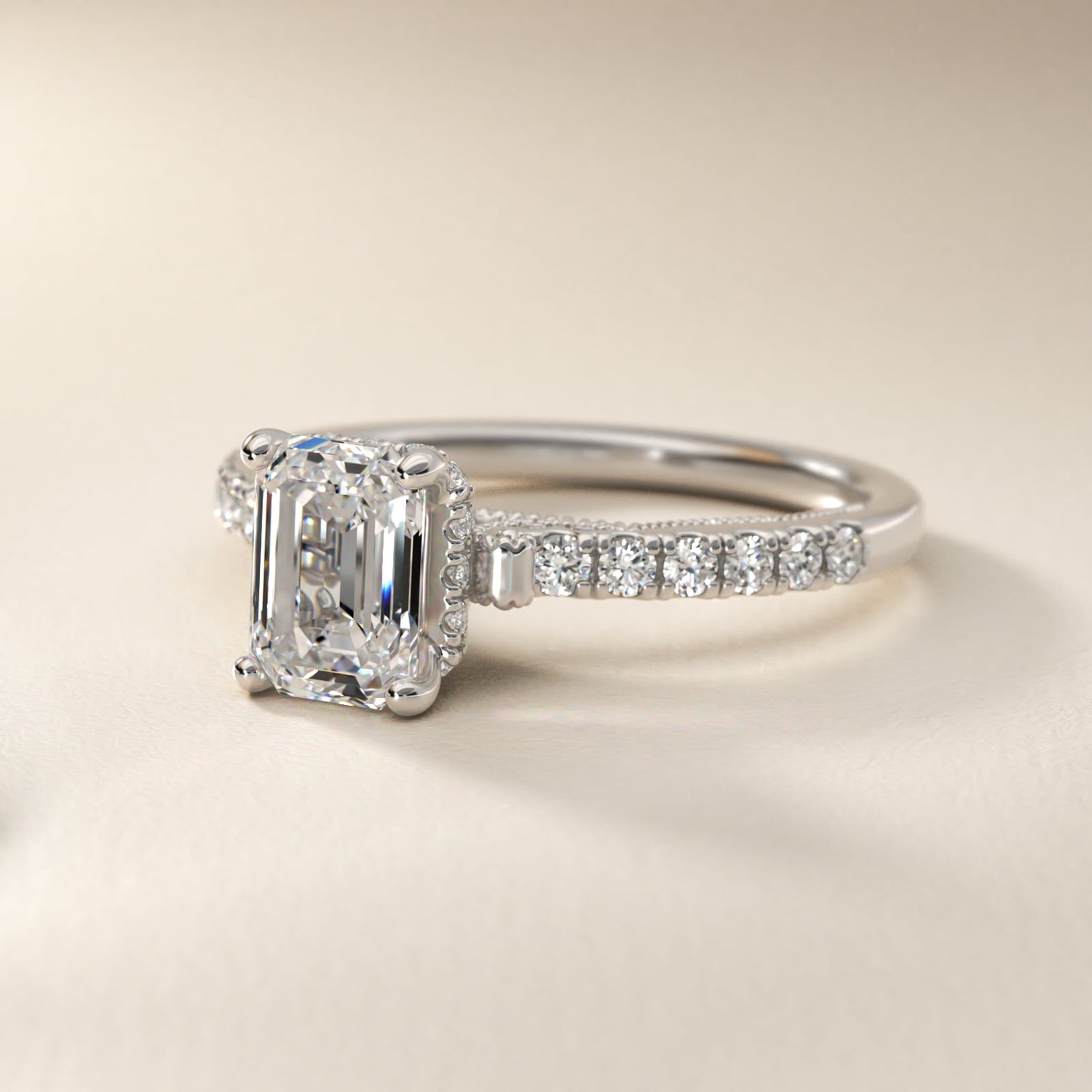 Lace Bridge Hidden Halo and Pave Diamond Engagement Ring in 18k White Gold (1/3 ct. tw.) - Emerald Center