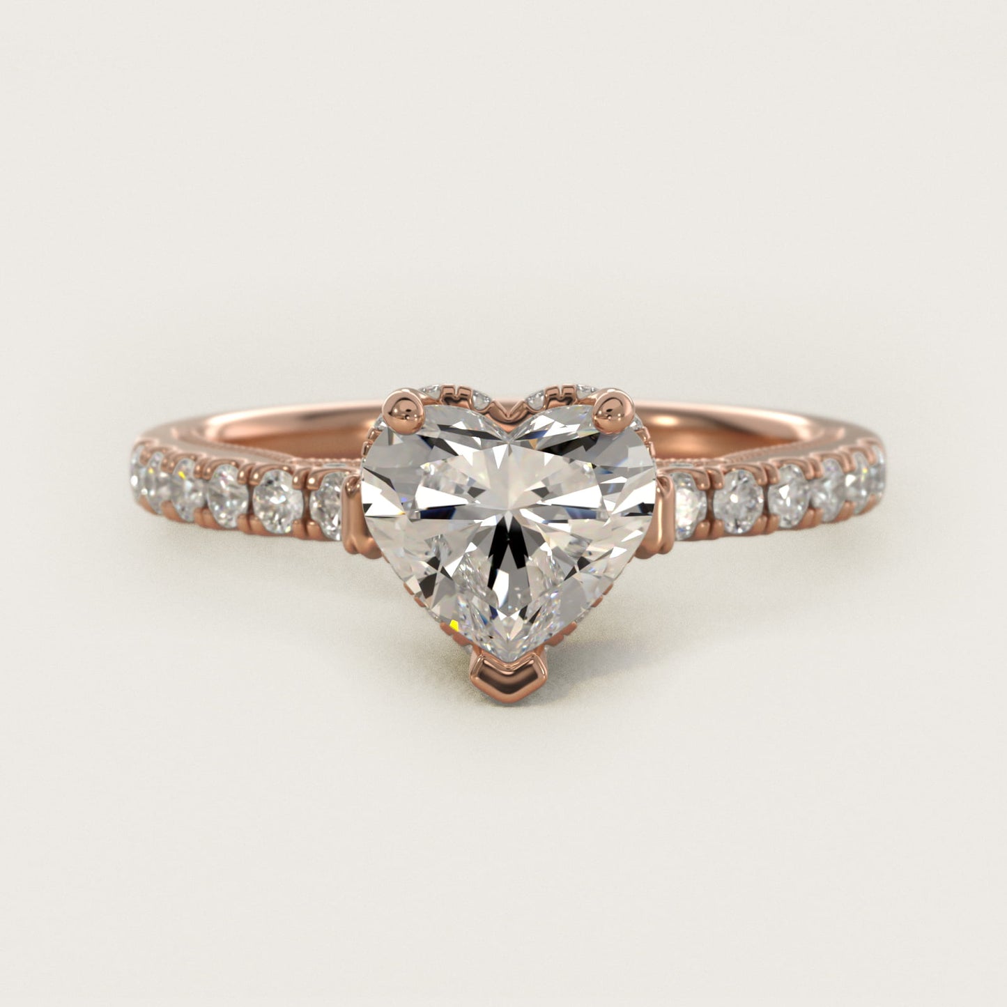 Lace Bridge Hidden Halo and Pave Diamond Engagement Ring in 18k Rose Gold (1/3 ct. tw.) - Heart Center