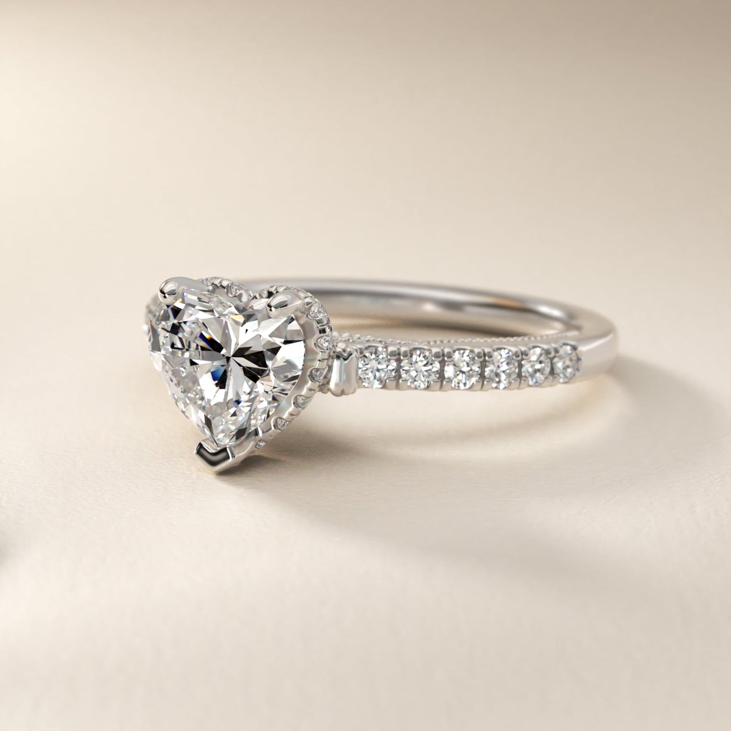 Lace Bridge Hidden Halo and Pave Diamond Engagement Ring in 14k White Gold (1/3 ct. tw.) - Heart Center